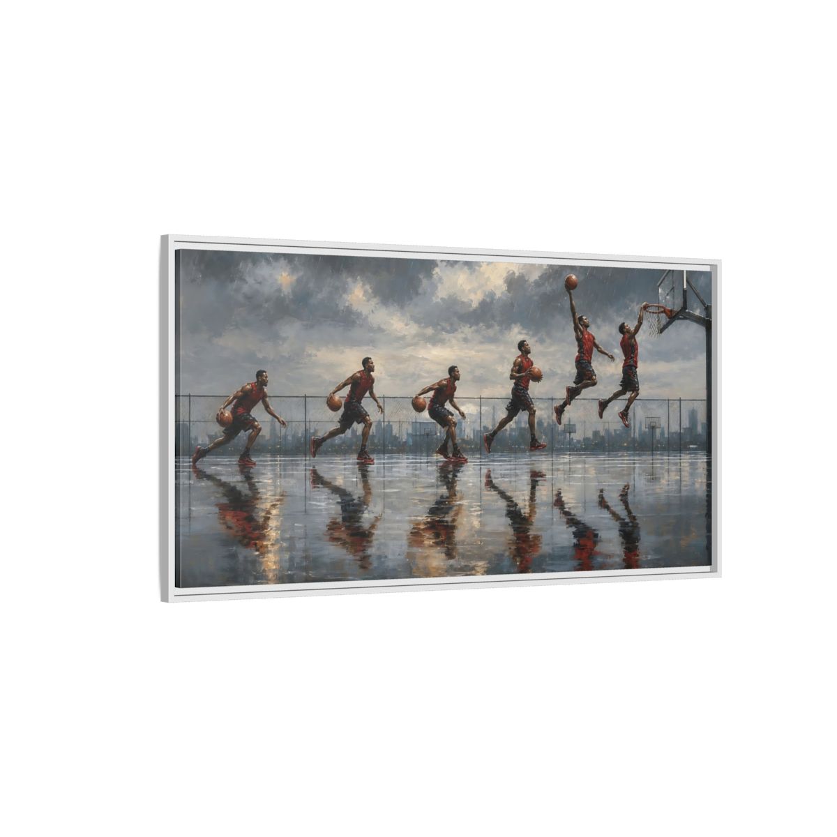 Side Mockup 3. Sports Basketball Player Basketball Action Art shown as framed canvas print