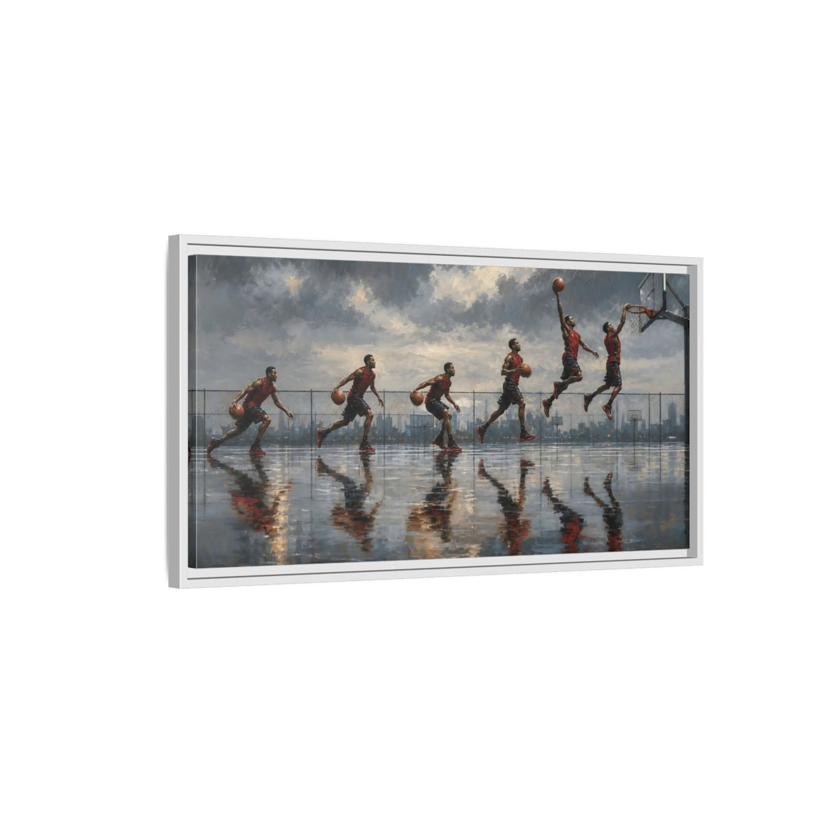 Side Mockup 1. Sports Basketball Player Basketball Action Art shown as framed canvas print