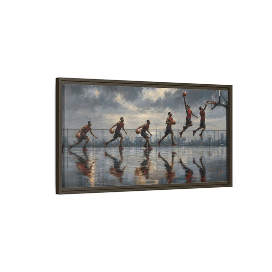 Main Mockup. Sports Basketball Player Basketball Action Art shown as framed canvas print