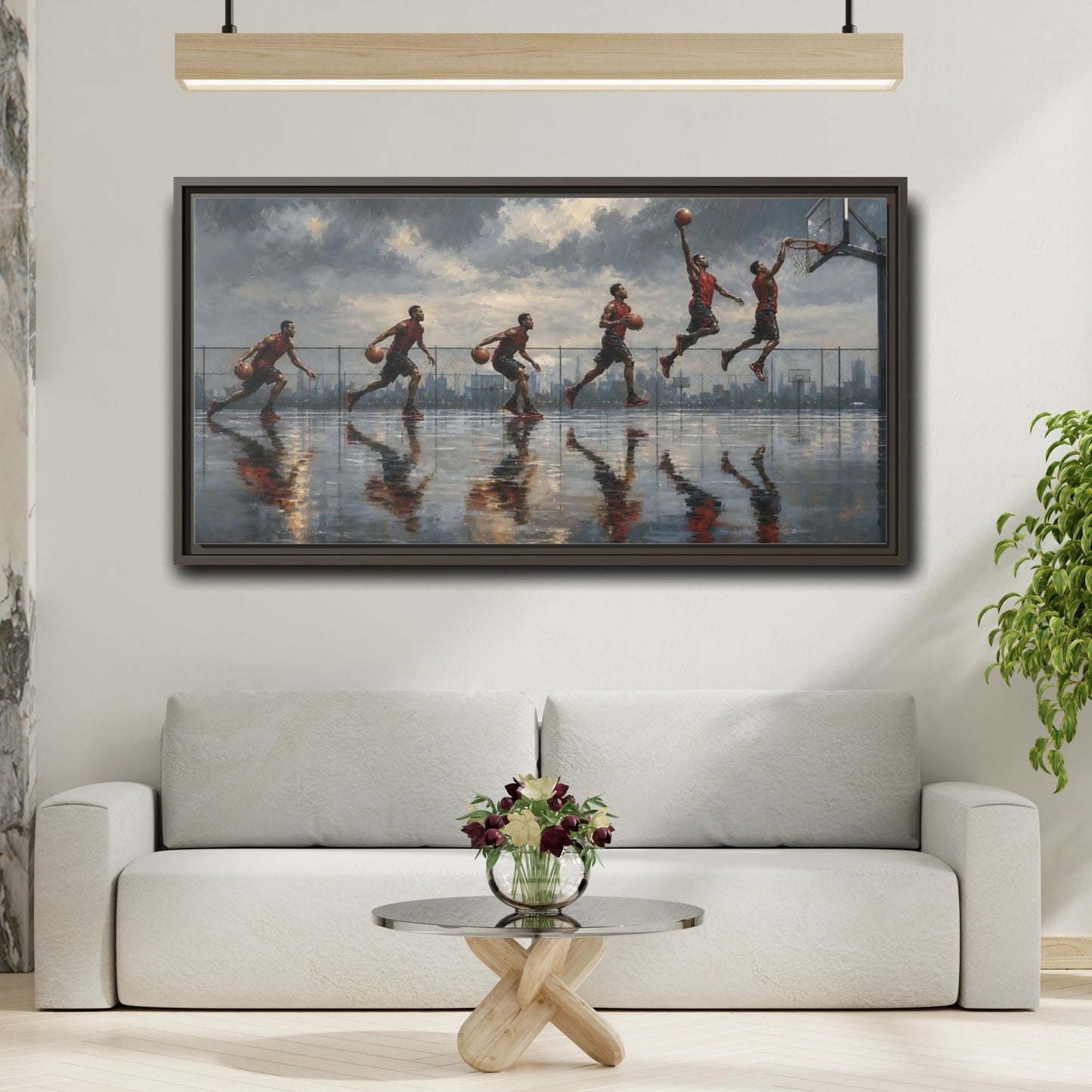 Mockup 2. Sports Basketball Player Basketball Action Art shown as framed canvas print