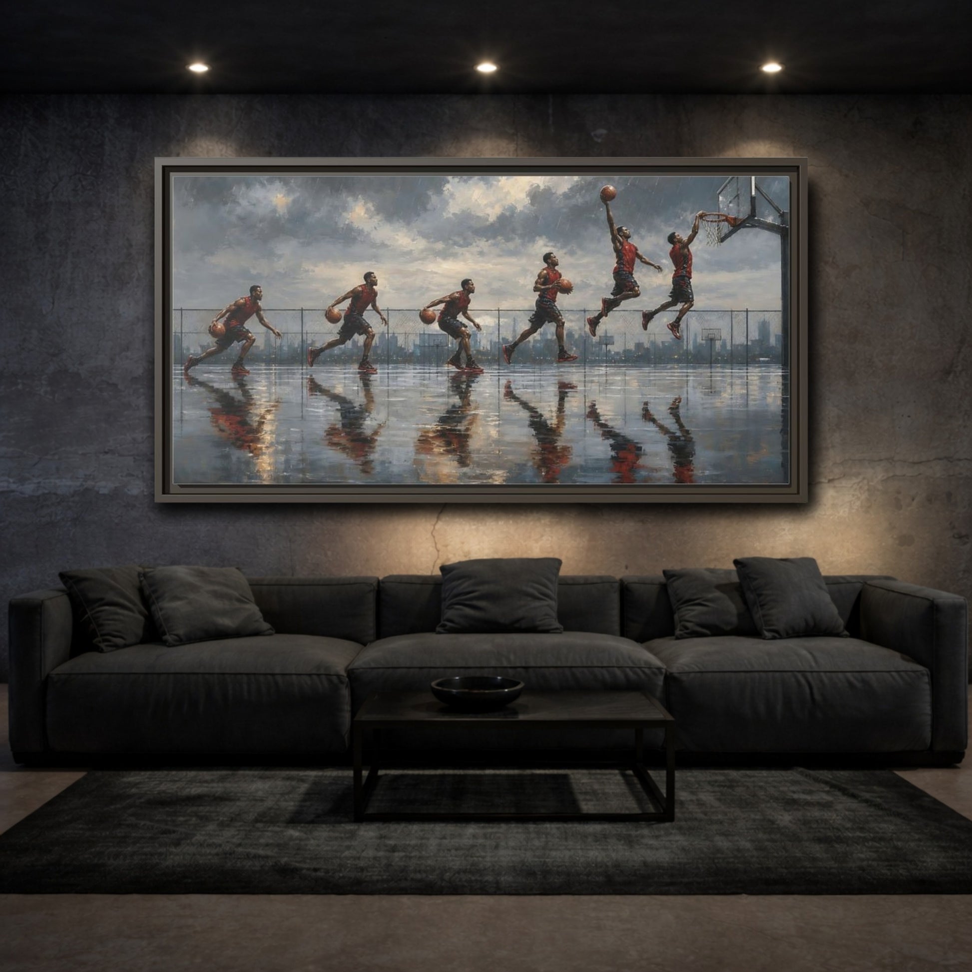 Mockup 3. Sports Basketball Player Basketball Action Art shown as framed canvas print