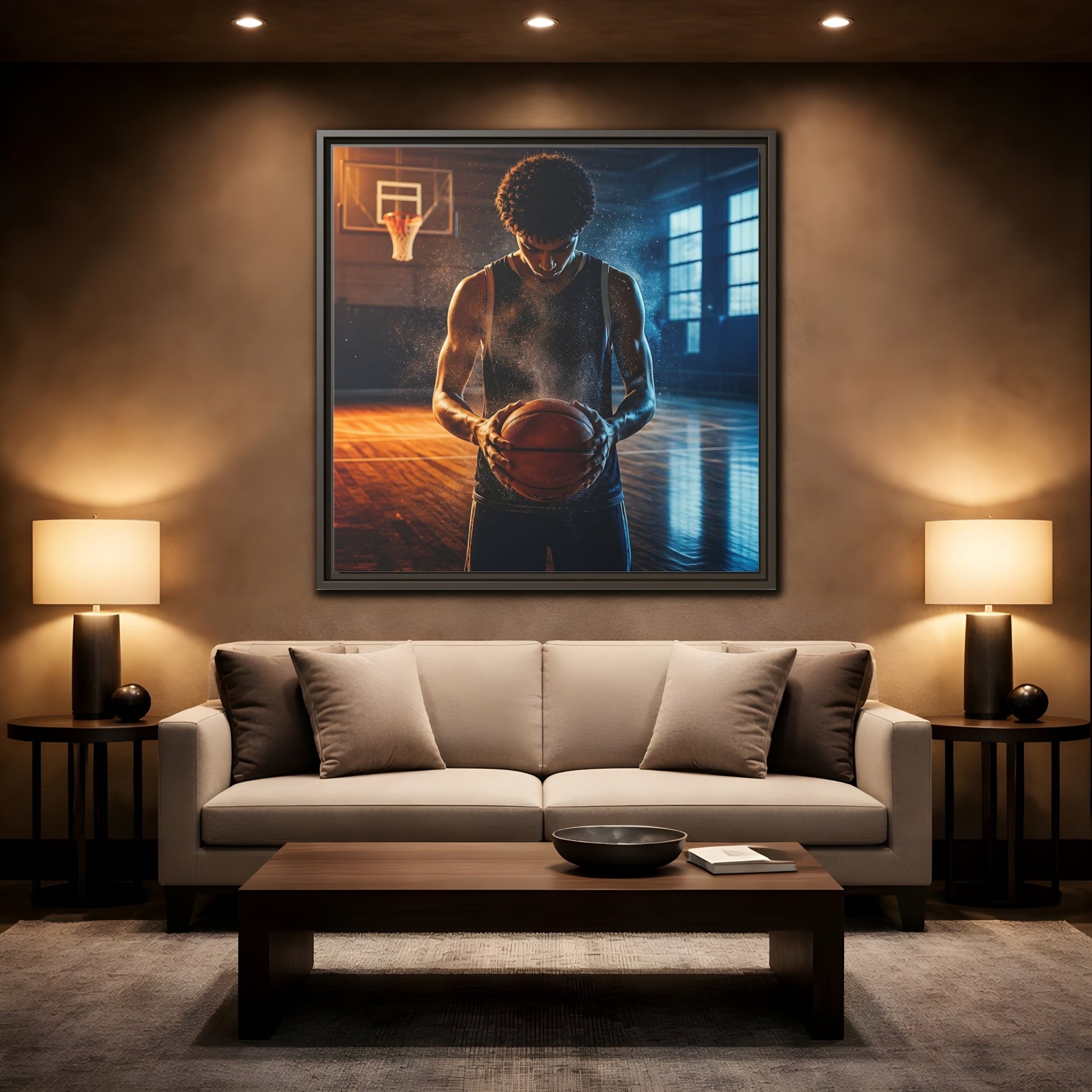 Mockup 2. Sports Basketball Player Basketball Player shown as framed canvas print
