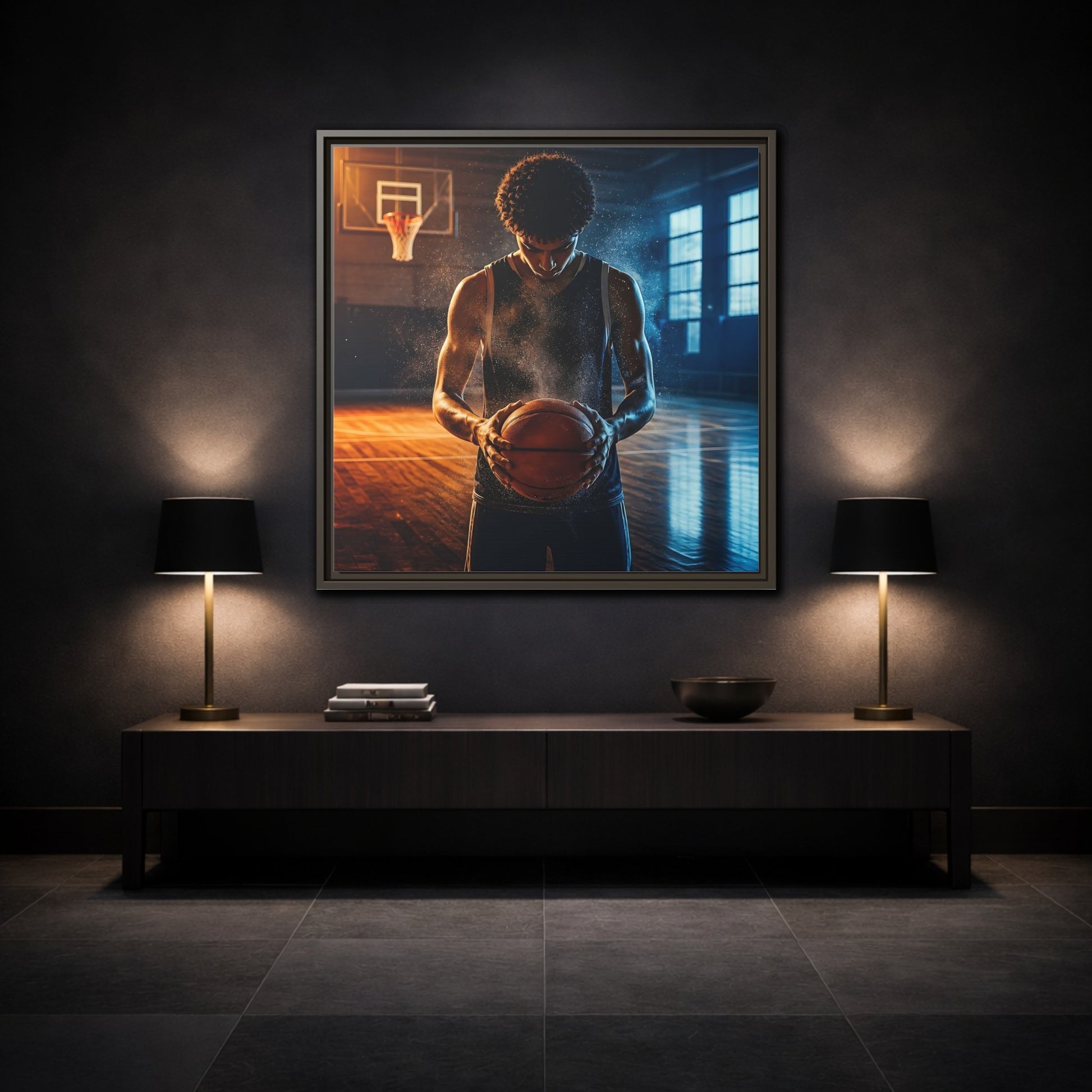 Mockup 3. Sports Basketball Player Basketball Player shown as framed canvas print