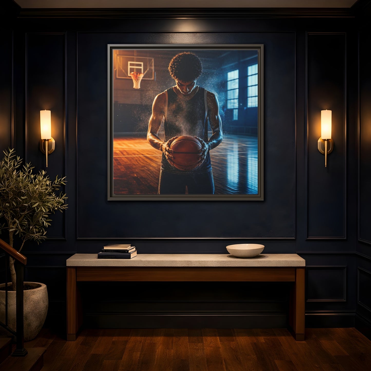 Mockup 4. Sports Basketball Player Basketball Player shown as framed canvas print