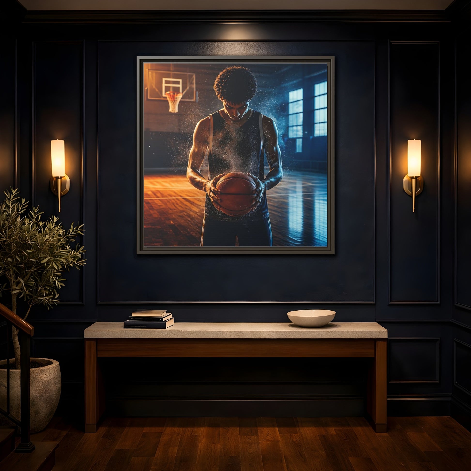 Mockup 4. Sports Basketball Player Basketball Player shown as framed canvas print