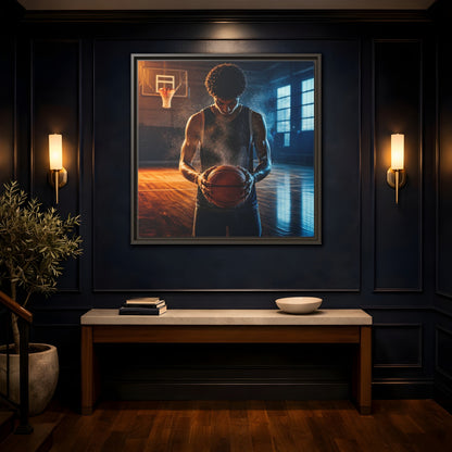 Mockup 4. Sports Basketball Player Basketball Player shown as framed canvas print