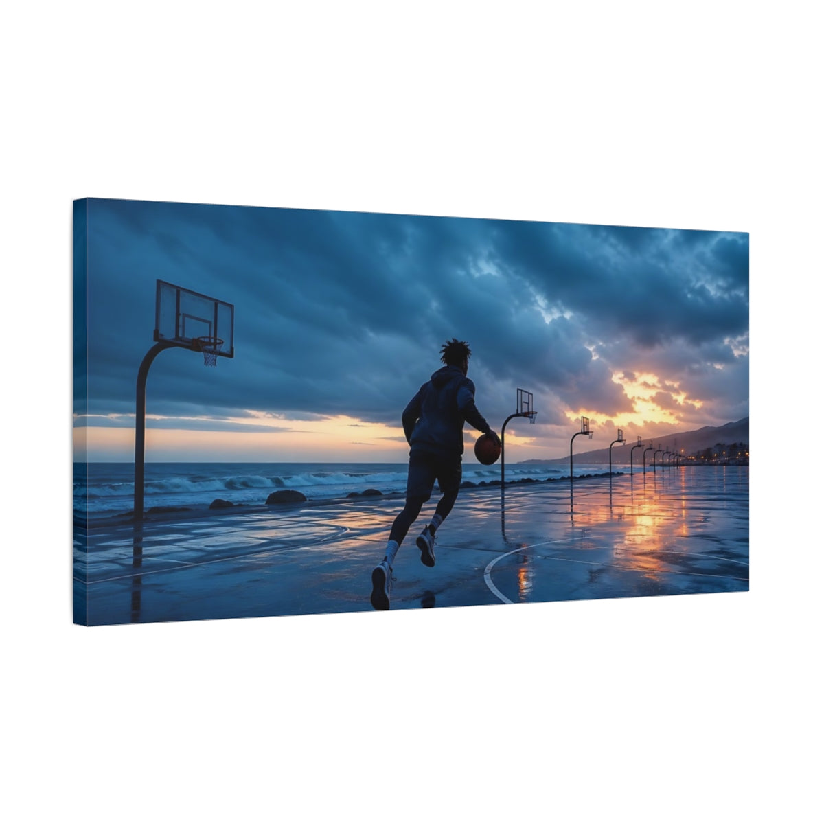 Side Mockup 1. Sports Basketball Player Blue Orange Sports shown as canvas print