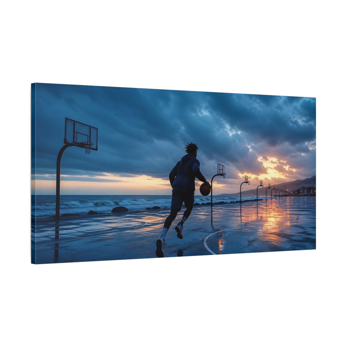 Main Mockup. Sports Basketball Player Blue Orange Sports shown as canvas print