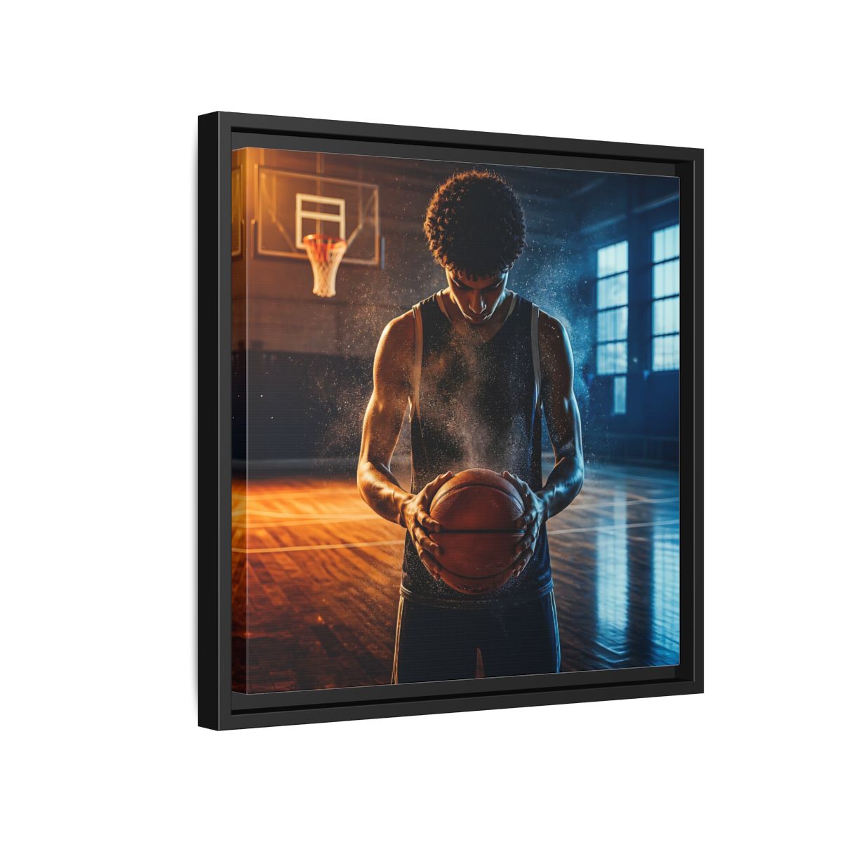 Side Mockup 15. Sports Basketball Player Basketball Player shown as framed canvas print