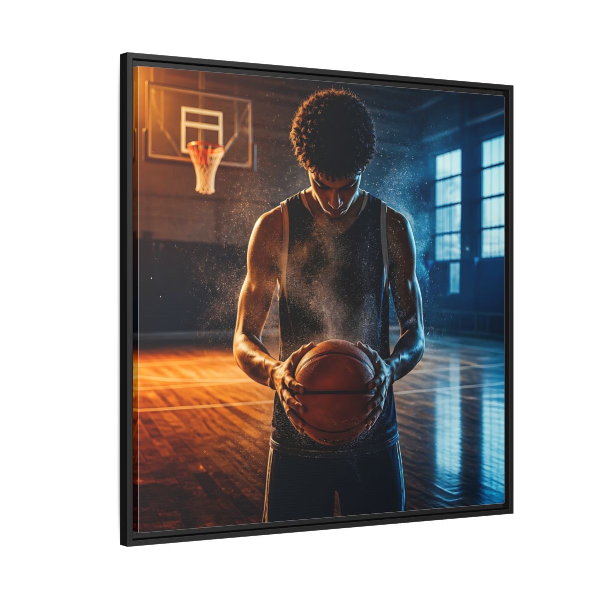 Side Mockup 6. Sports Basketball Player Basketball Player shown as framed canvas print