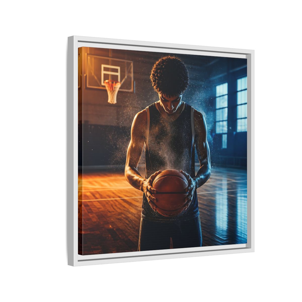 Side Mockup 10. Sports Basketball Player Basketball Player shown as framed canvas print