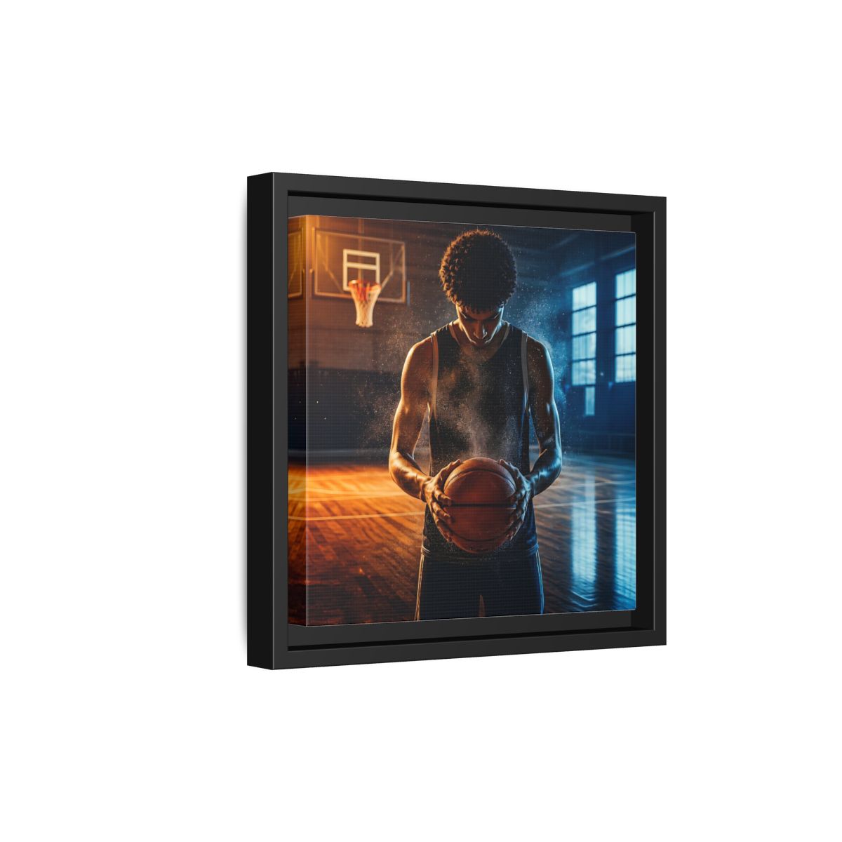 Side Mockup 21. Sports Basketball Player Basketball Player shown as framed canvas print