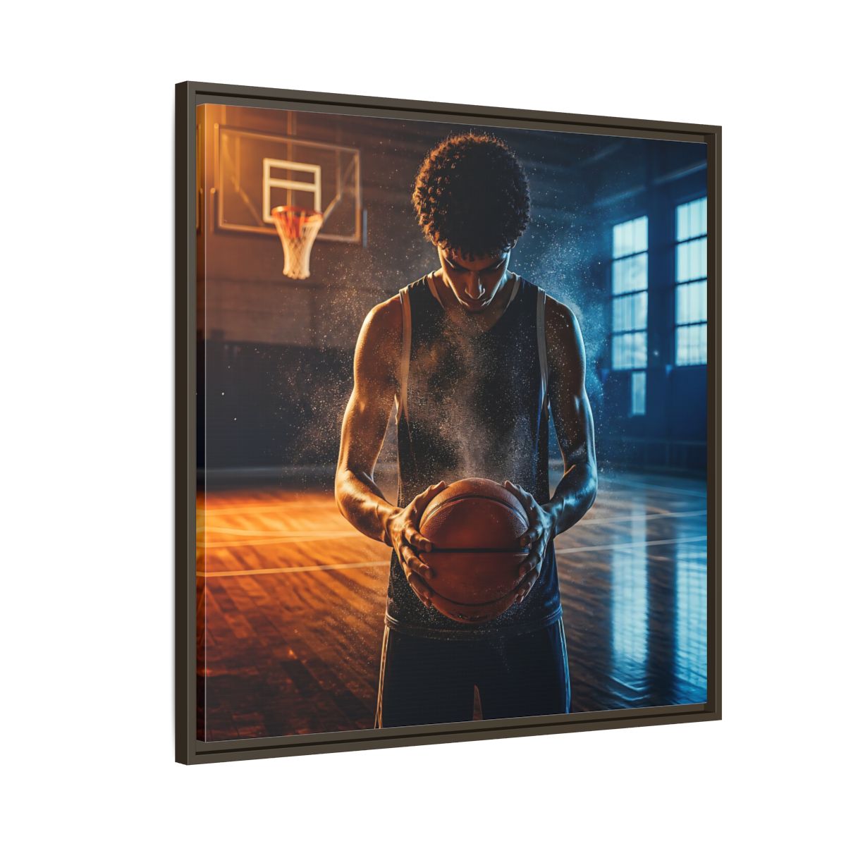 Side Mockup 8. Sports Basketball Player Basketball Player shown as framed canvas print