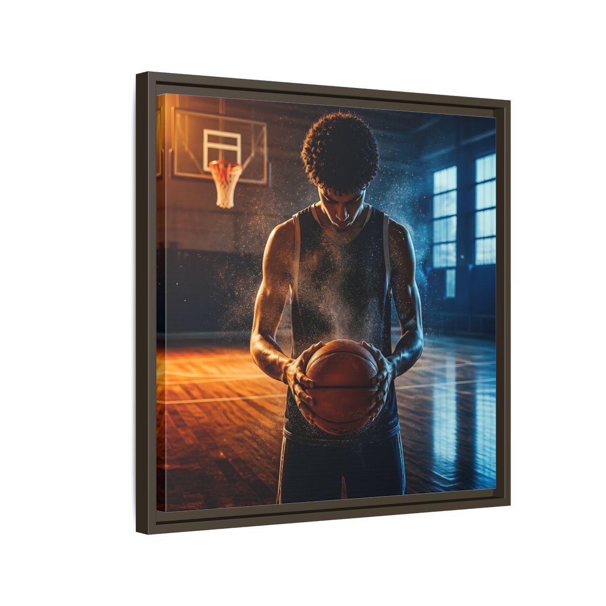 Side Mockup 11. Sports Basketball Player Basketball Player shown as framed canvas print