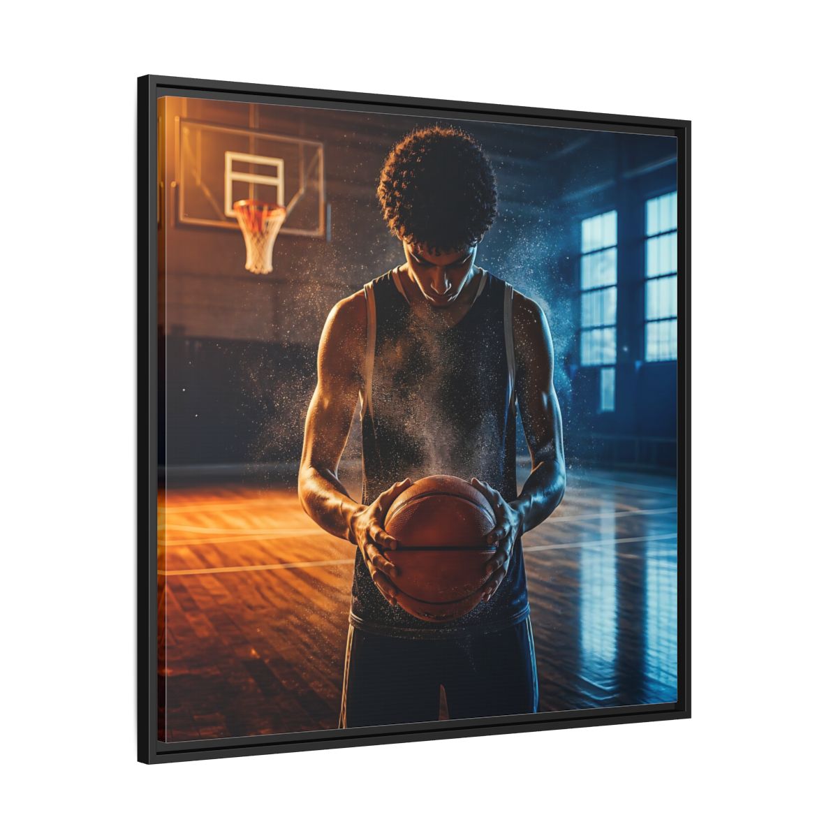 Side Mockup 30. Sports Basketball Player Basketball Player shown as framed canvas print
