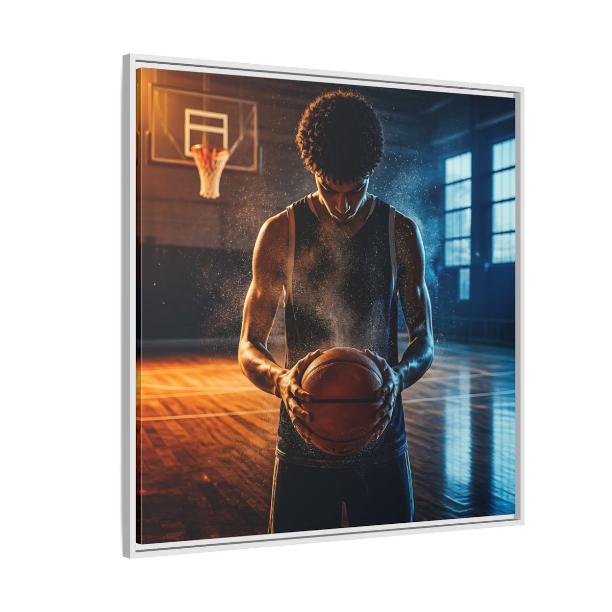 Side Mockup 4. Sports Basketball Player Basketball Player shown as framed canvas print