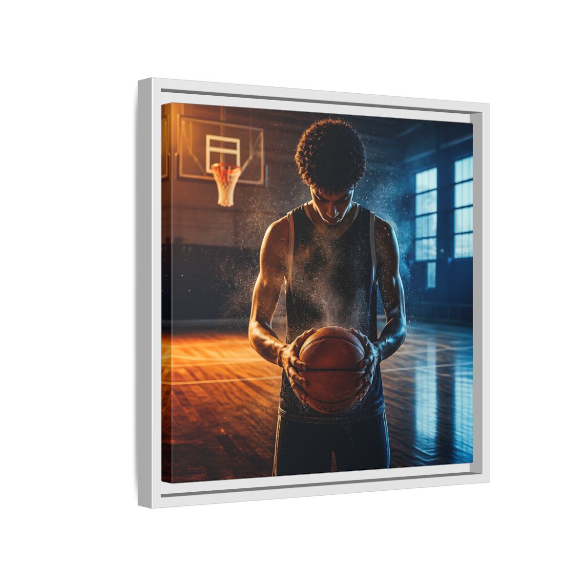 Side Mockup 13. Sports Basketball Player Basketball Player shown as framed canvas print