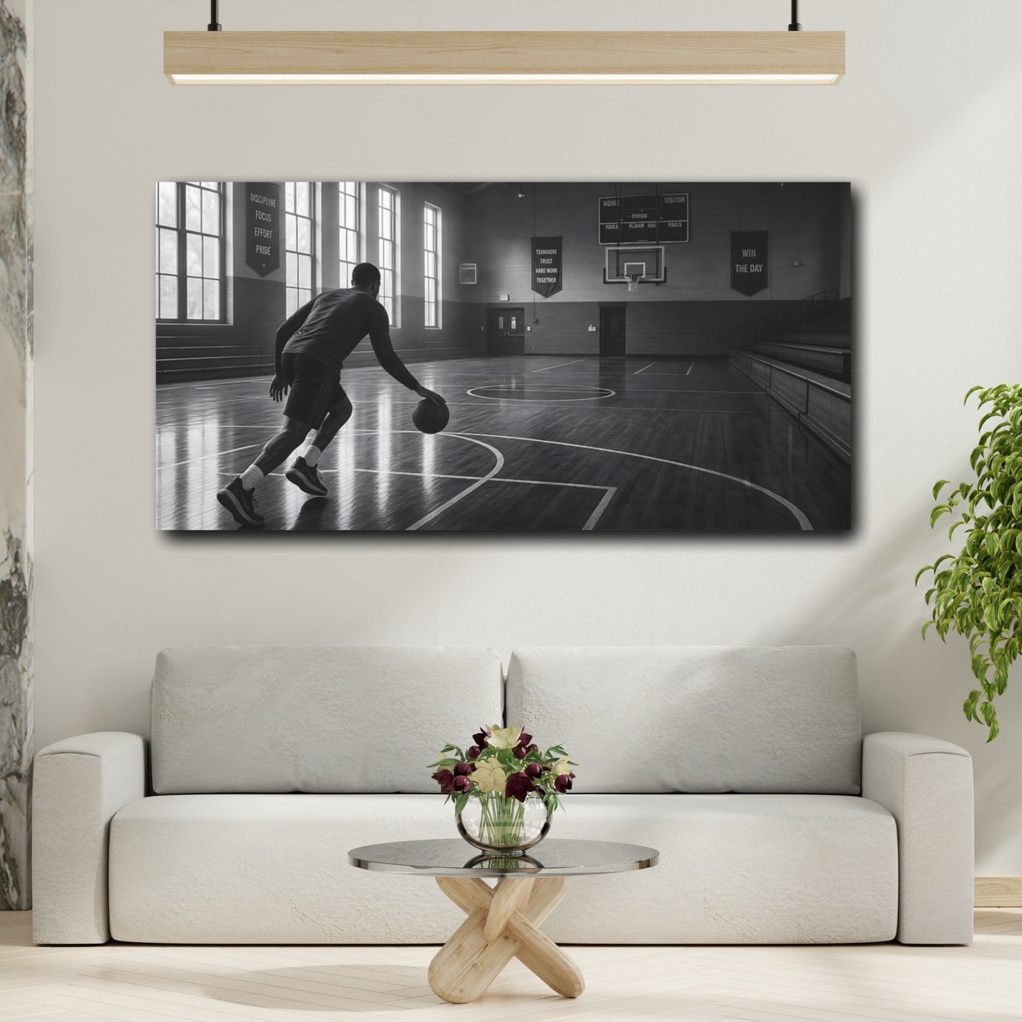 Mockup 2. Sports Basketball Player Monochrome Basketball shown as canvas print