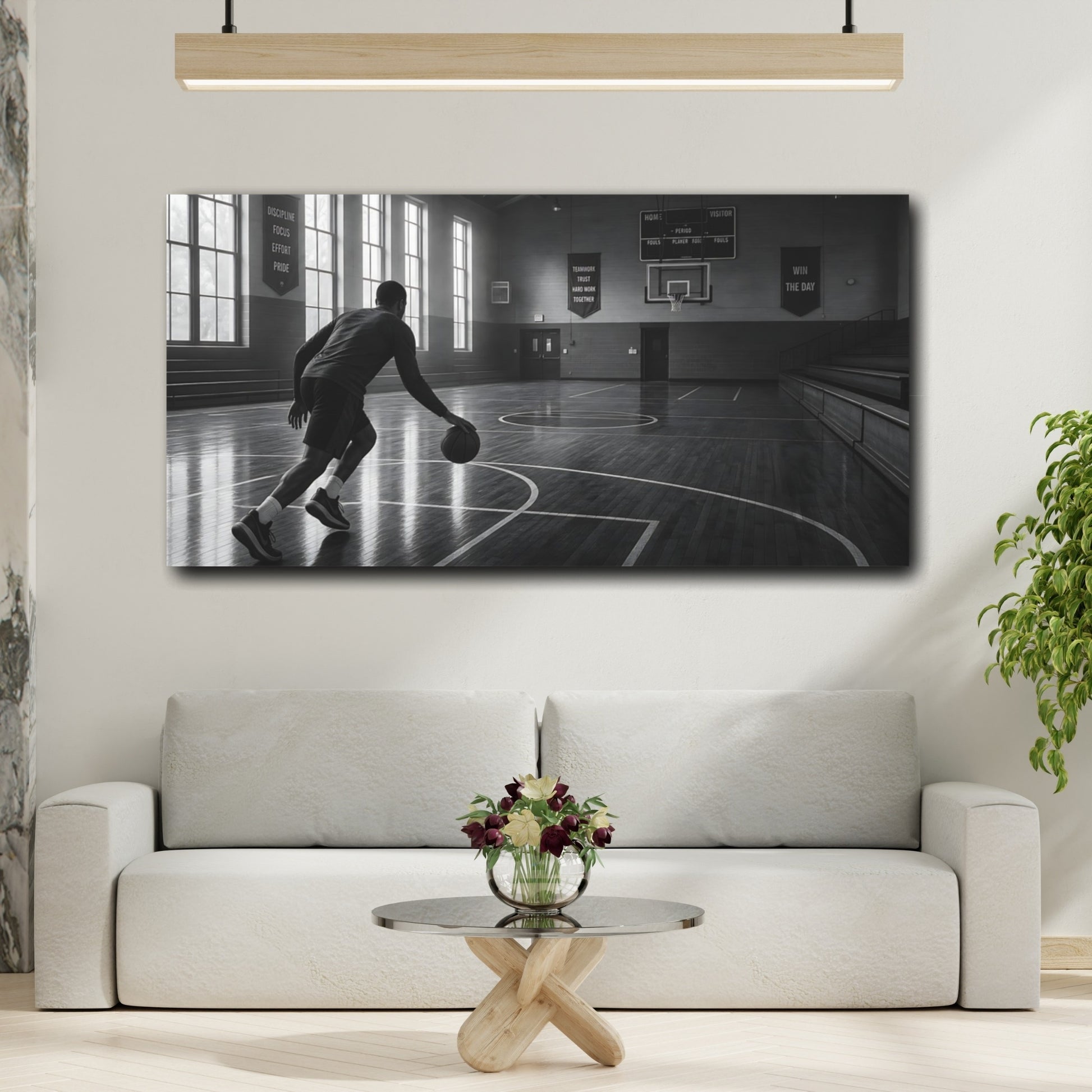 Mockup 2. Sports Basketball Player Monochrome Basketball shown as canvas print