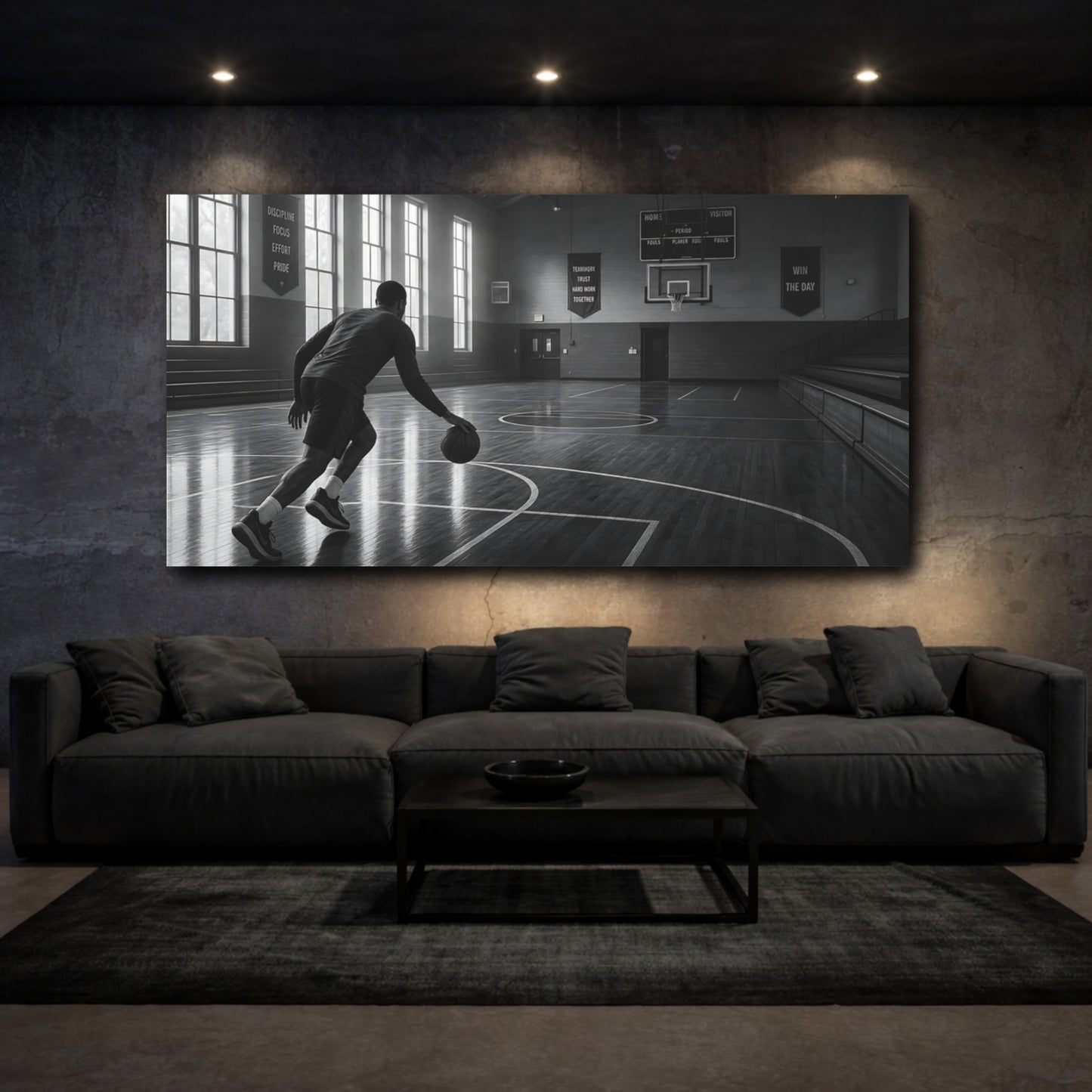 Mockup 3. Sports Basketball Player Monochrome Basketball shown as canvas print