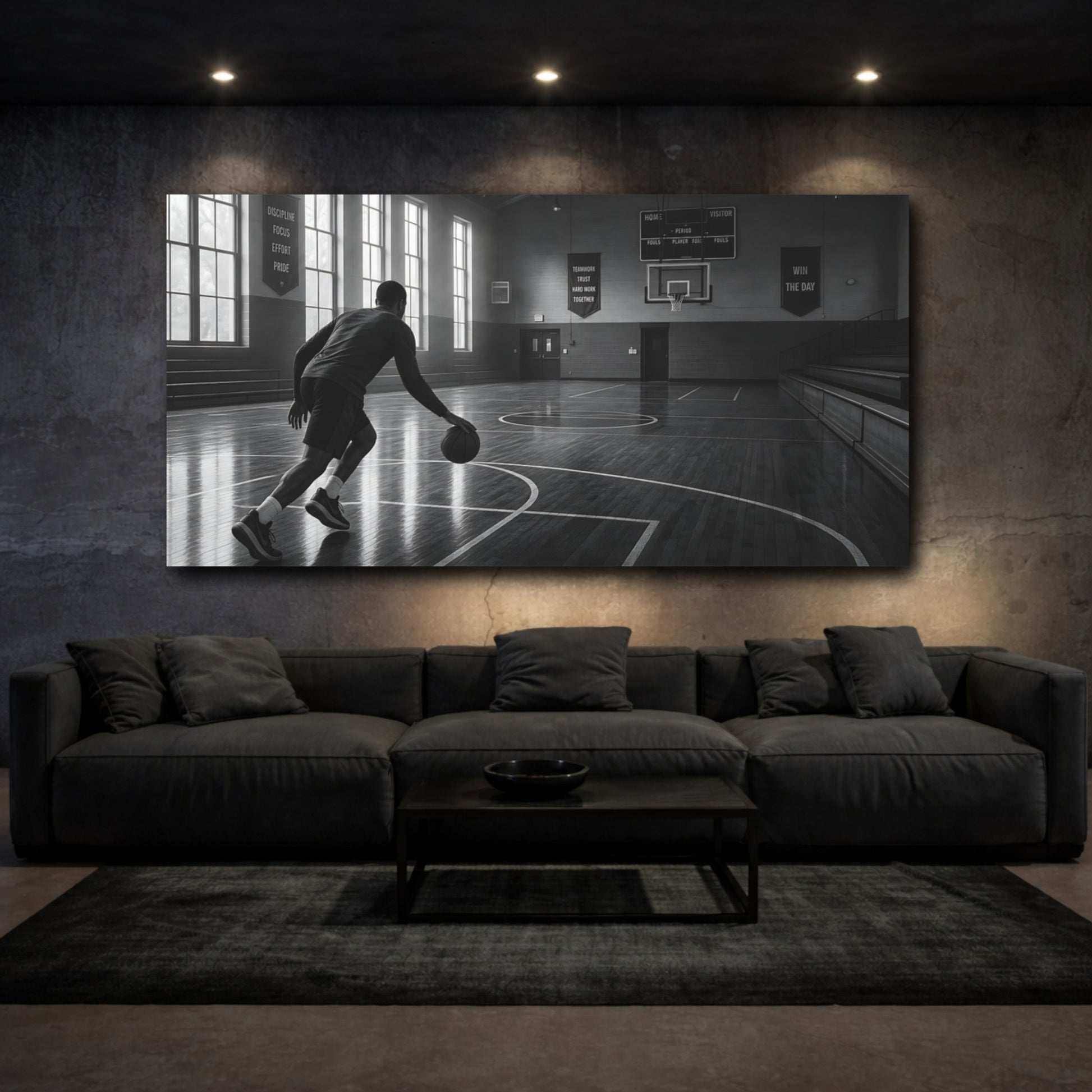 Mockup 3. Sports Basketball Player Monochrome Basketball shown as canvas print