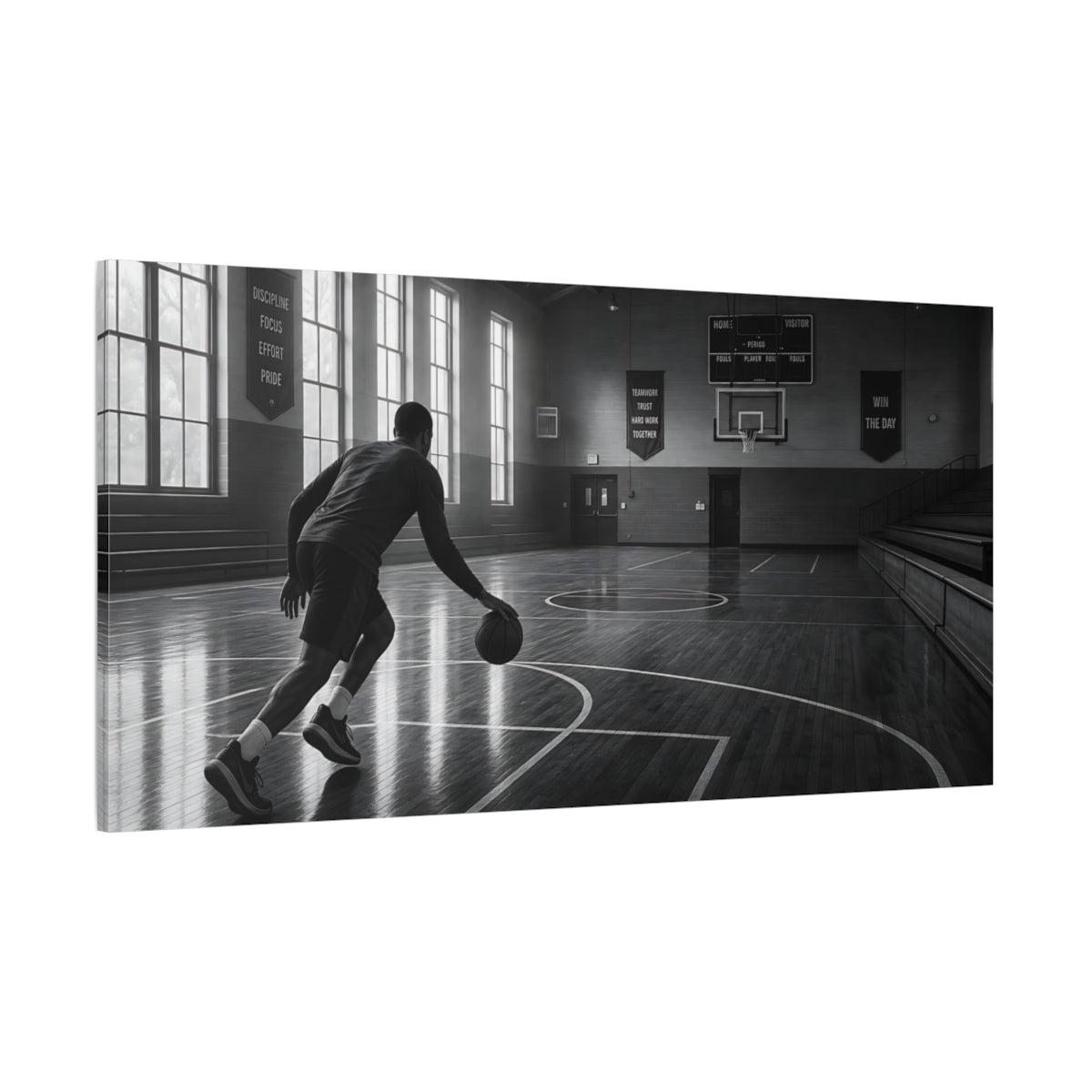 Side Mockup 2. Sports Basketball Player Monochrome Basketball shown as canvas print