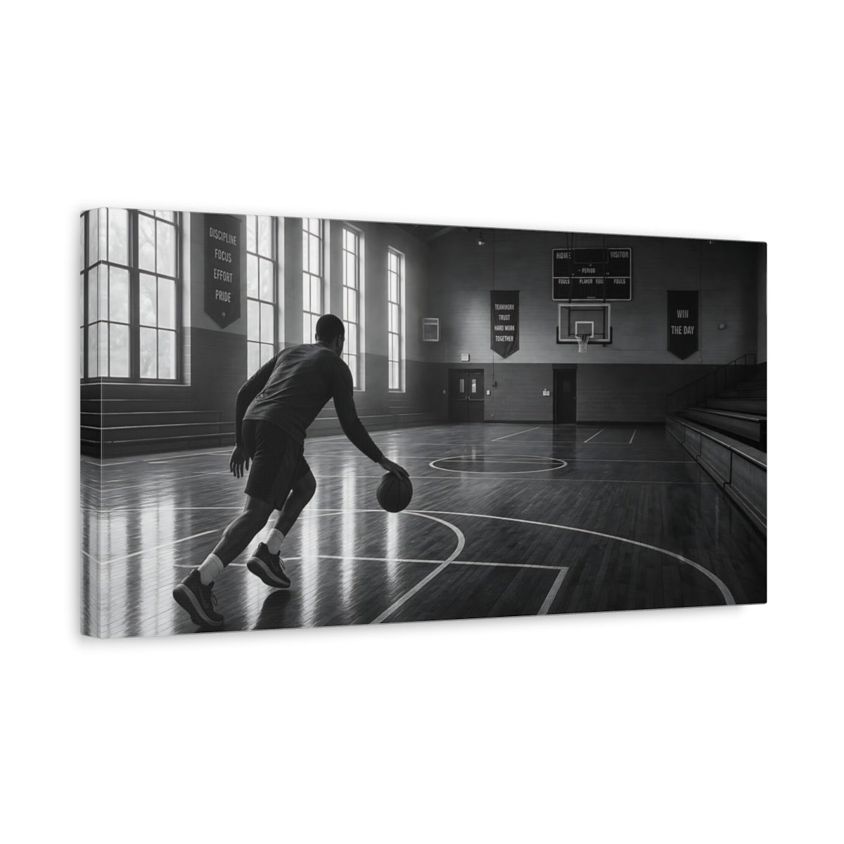 Side Mockup 3. Sports Basketball Player Monochrome Basketball shown as canvas print