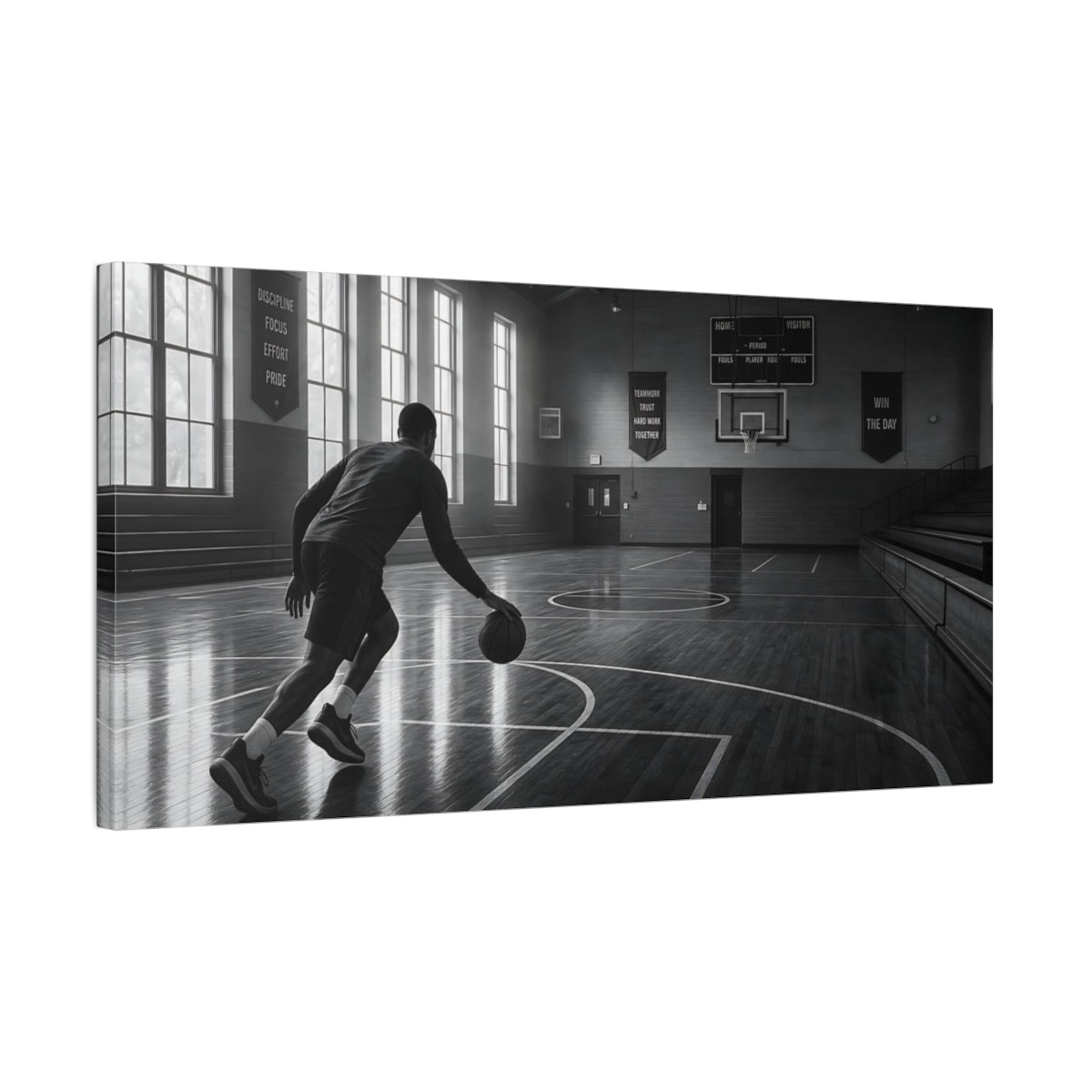 Side Mockup 1. Sports Basketball Player Monochrome Basketball shown as canvas print