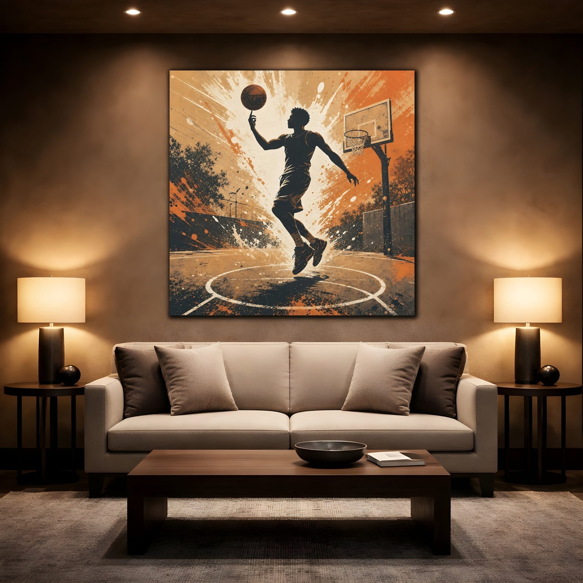 Mockup 2. Sports Basketball Player Orange And Black shown as canvas print