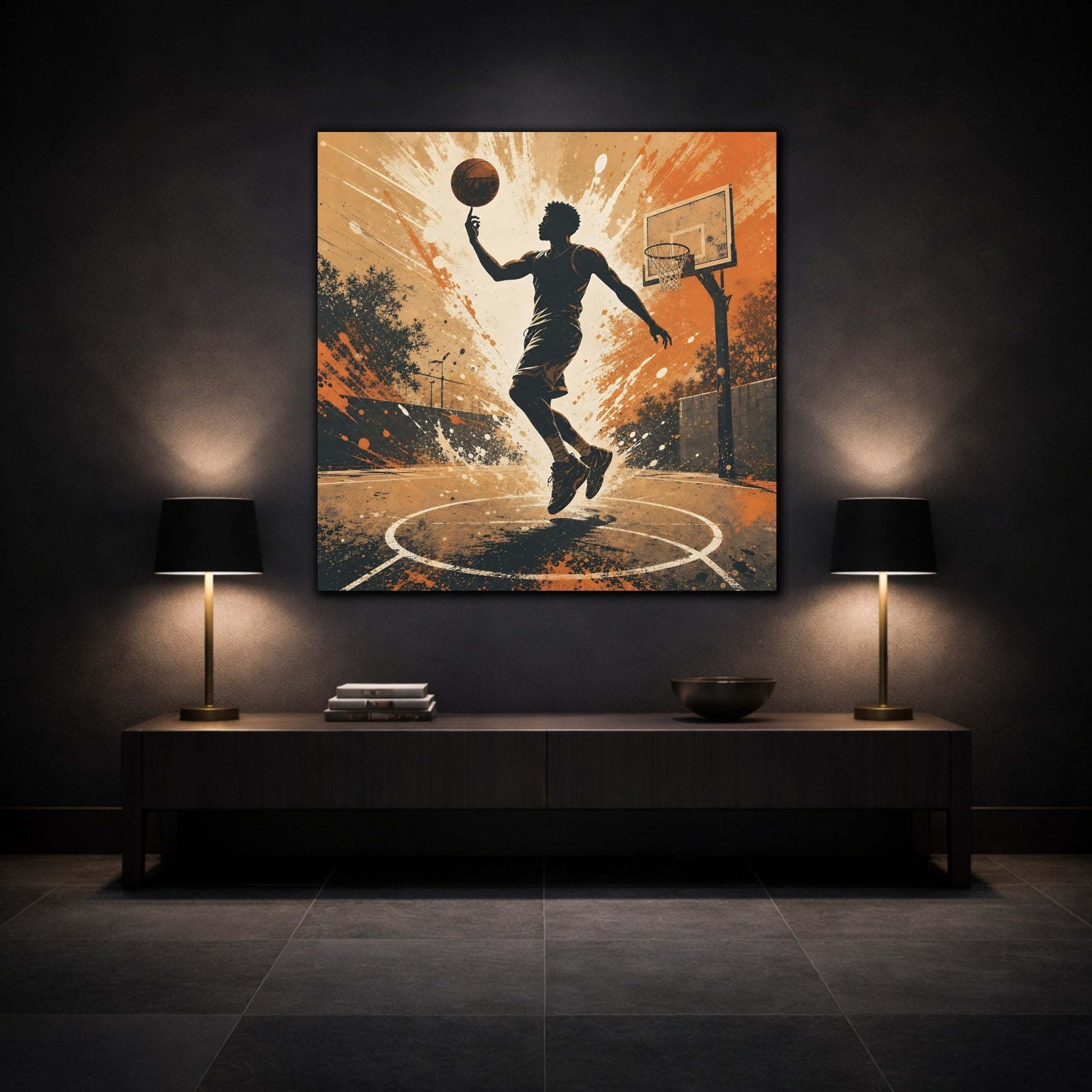 Mockup 3. Sports Basketball Player Orange And Black shown as canvas print
