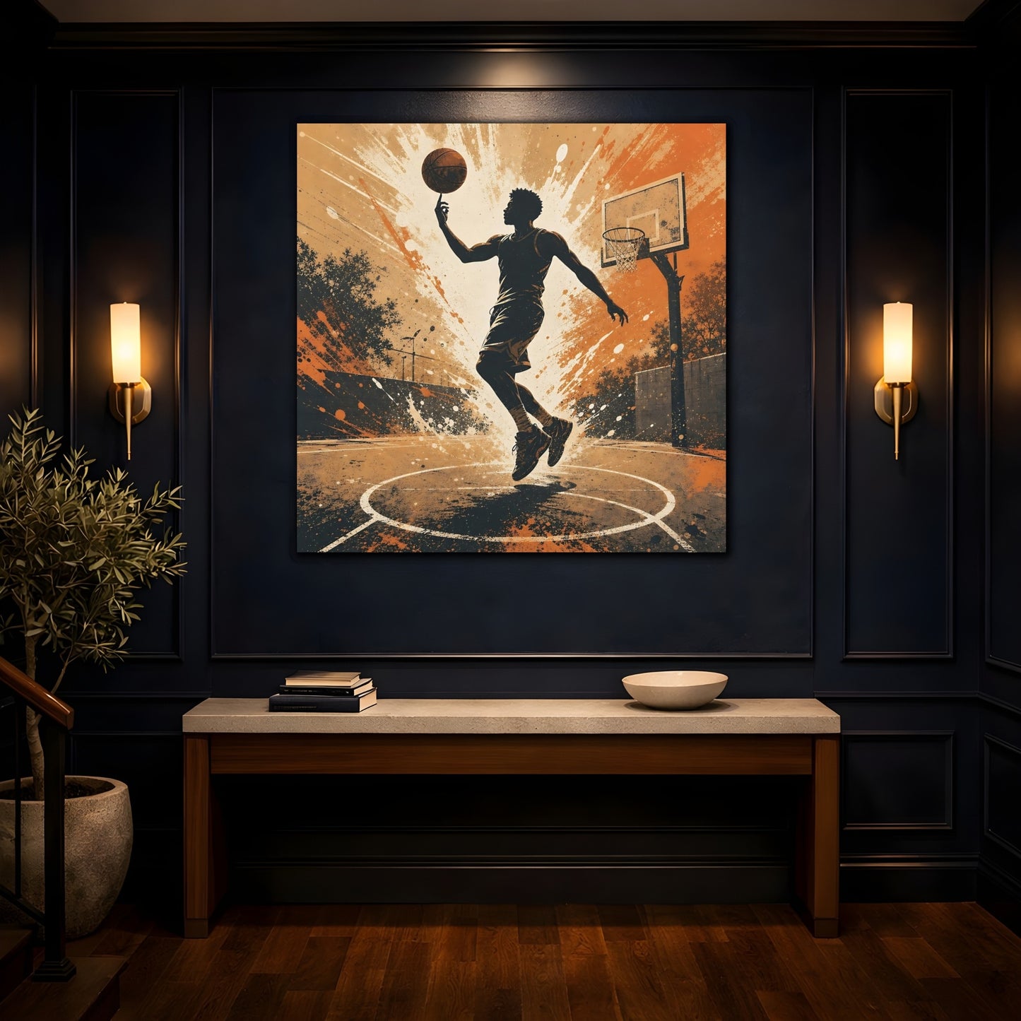 Mockup 4. Sports Basketball Player Orange And Black shown as canvas print