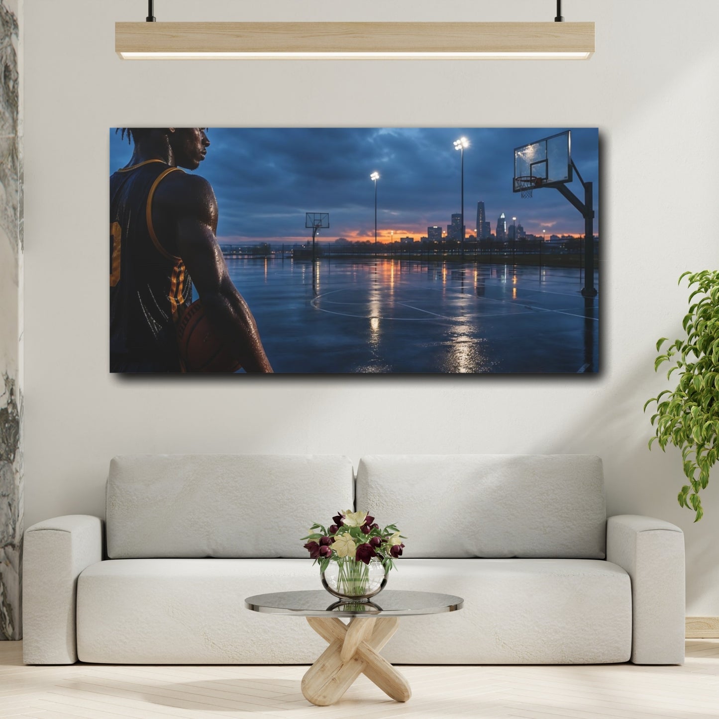 Mockup 2. Sports Basketball Player Twilight Basketball shown as canvas print