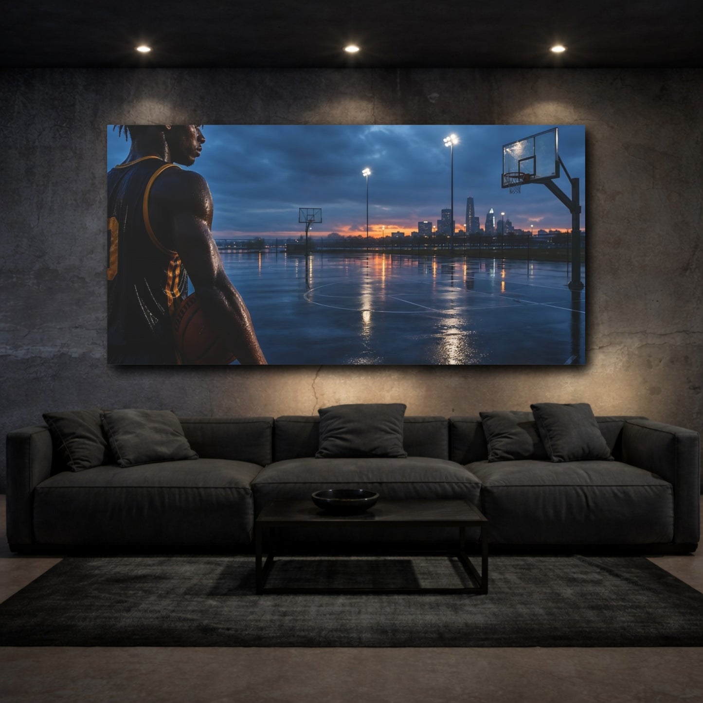 Mockup 3. Sports Basketball Player Twilight Basketball shown as canvas print