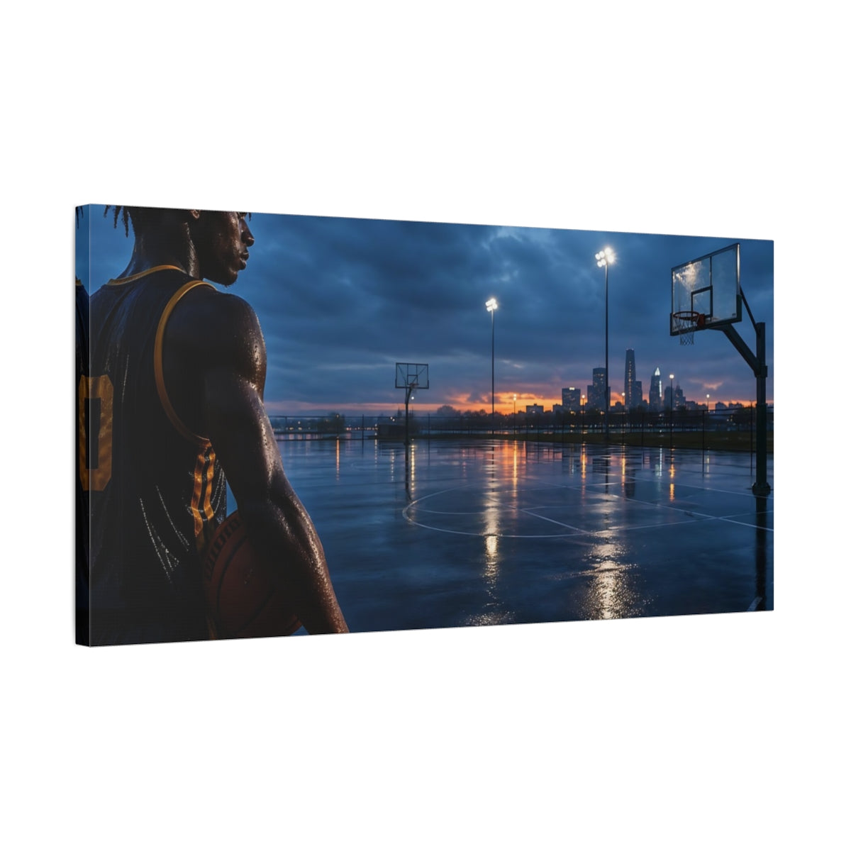 Side Mockup 1. Sports Basketball Player Twilight Basketball shown as canvas print