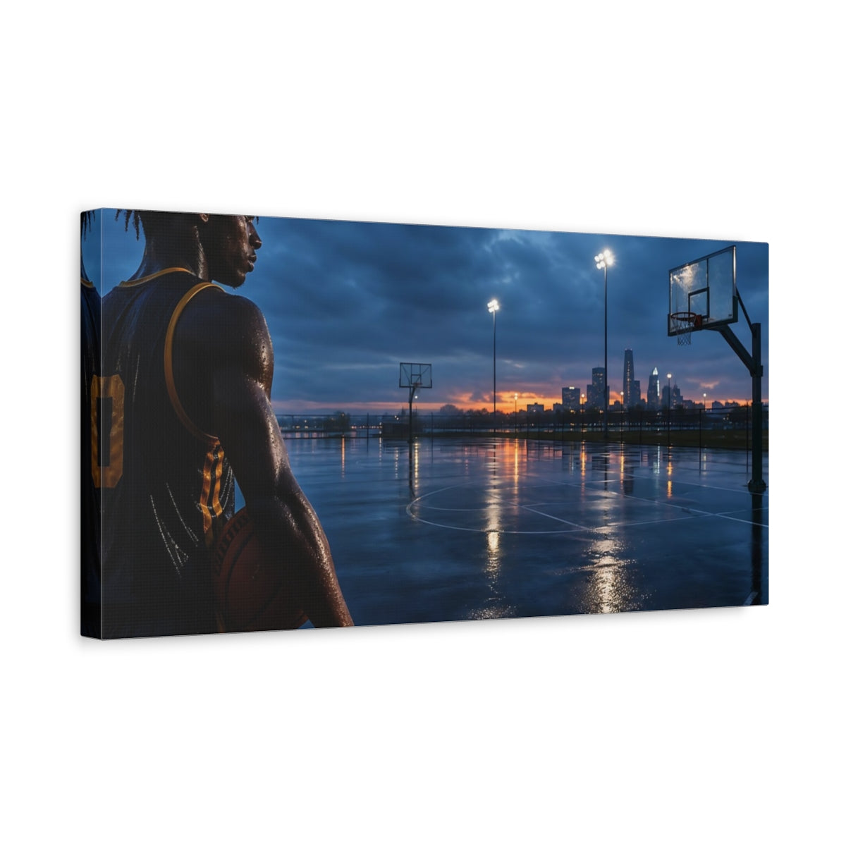 Side Mockup 3. Sports Basketball Player Twilight Basketball shown as canvas print