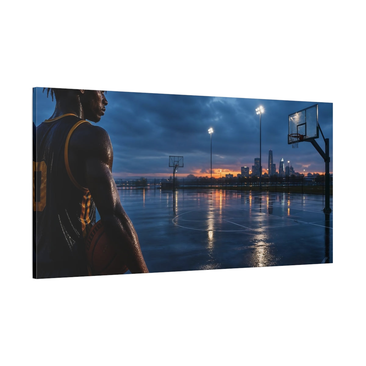 Side Mockup 2. Sports Basketball Player Twilight Basketball shown as canvas print
