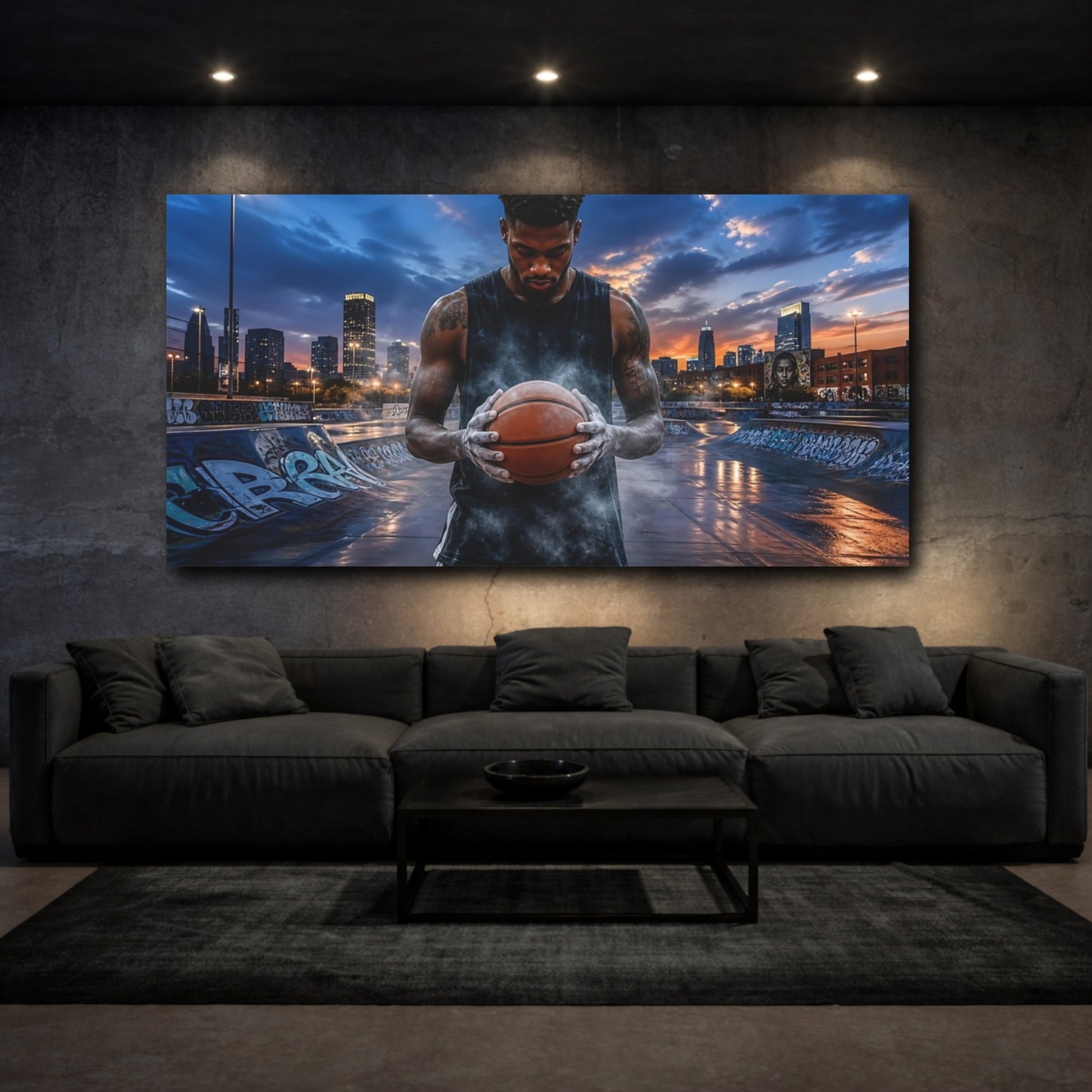 Mockup 3. Sports Basketball Player Urban Basketball shown as canvas print