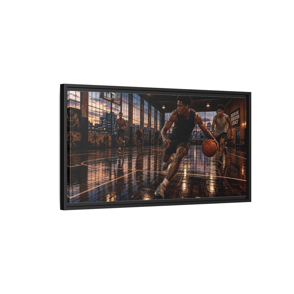 Side Mockup 2. Sports Basketball Players Basketball Action shown as framed canvas print