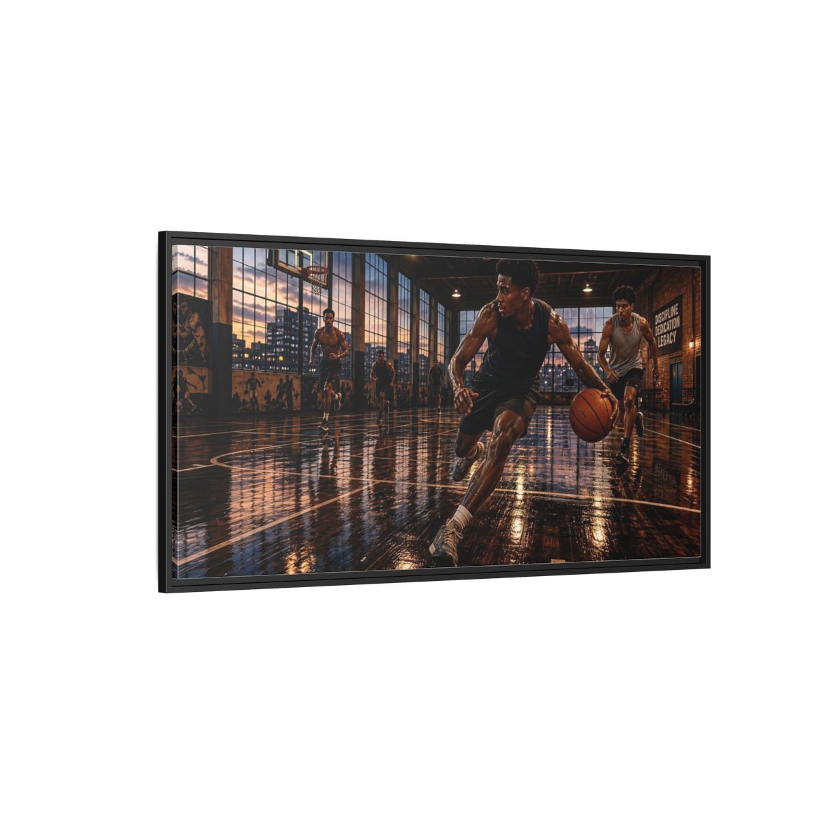 Side Mockup 5. Sports Basketball Players Basketball Action shown as framed canvas print