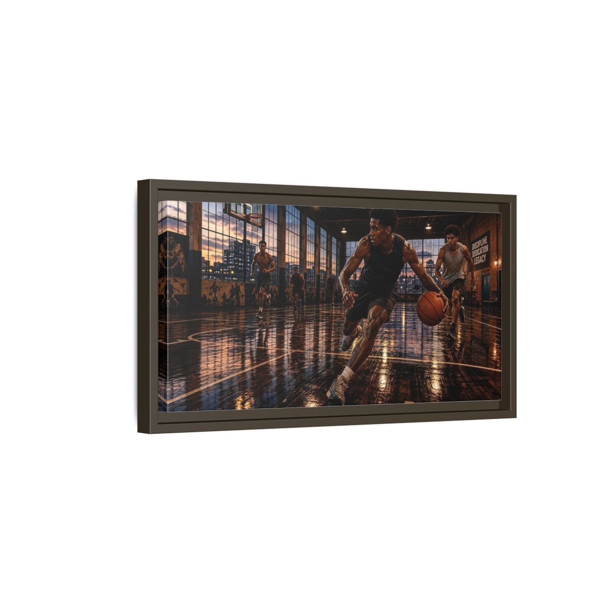 Side Mockup 7. Sports Basketball Players Basketball Action shown as framed canvas print
