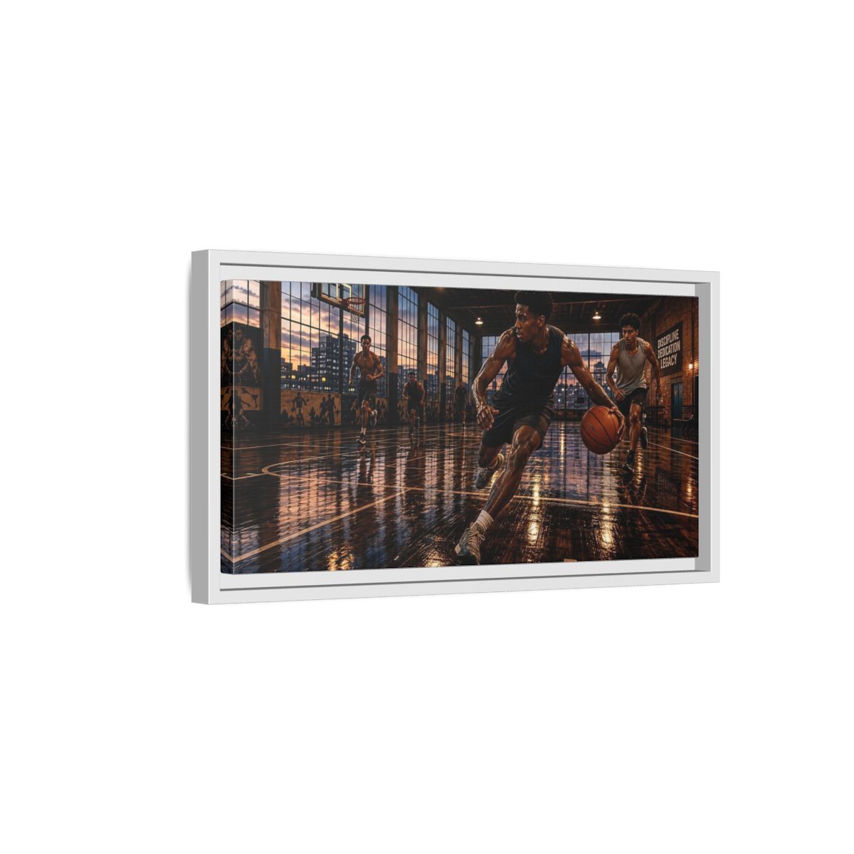 Side Mockup 6. Sports Basketball Players Basketball Action shown as framed canvas print