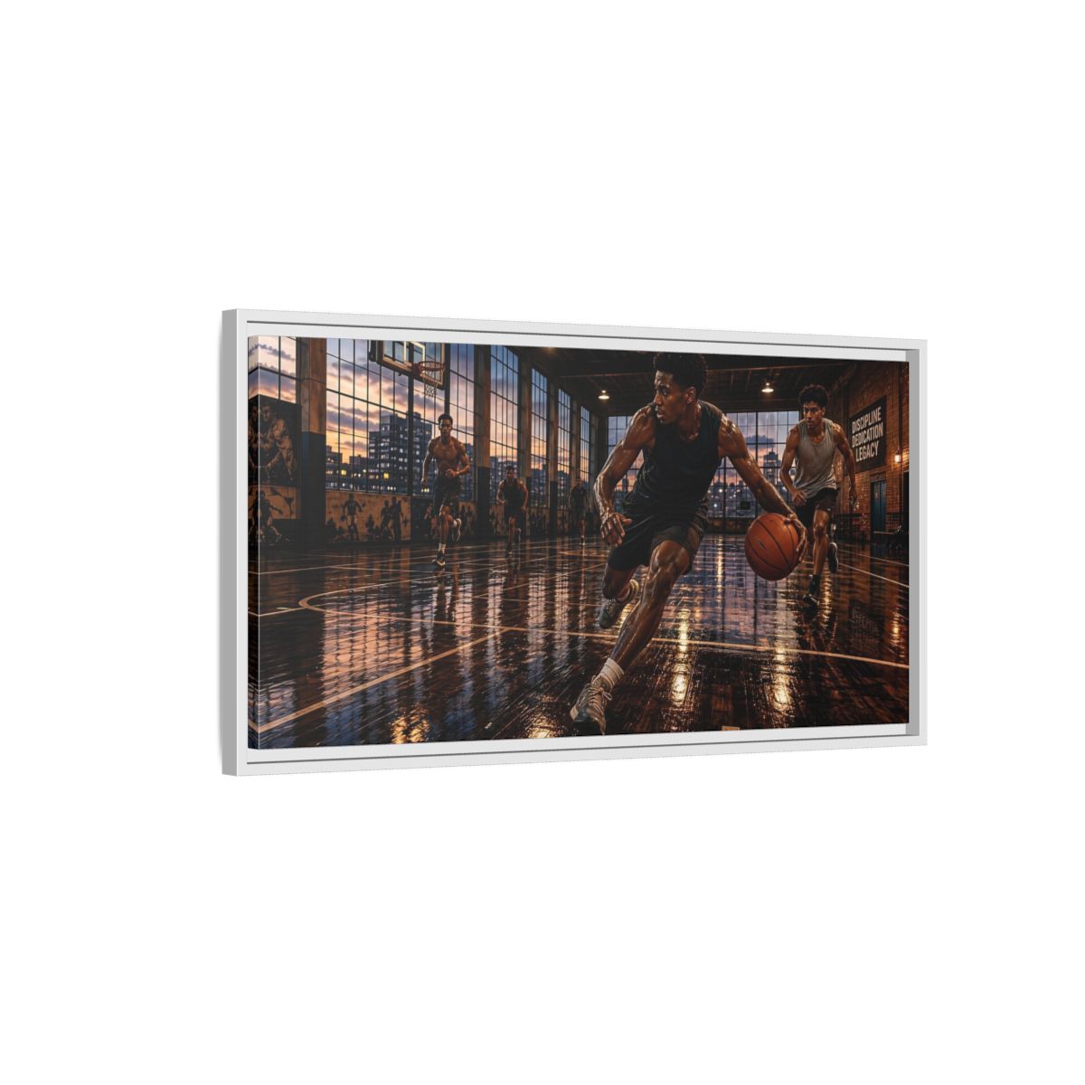 Side Mockup 1. Sports Basketball Players Basketball Action shown as framed canvas print