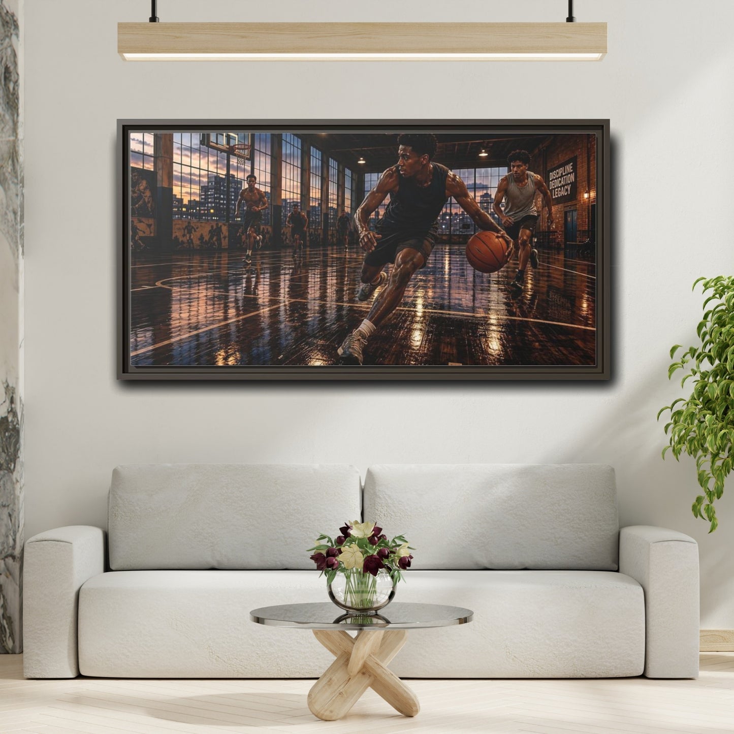 Mockup 2. Sports Basketball Players Basketball Action shown as framed canvas print