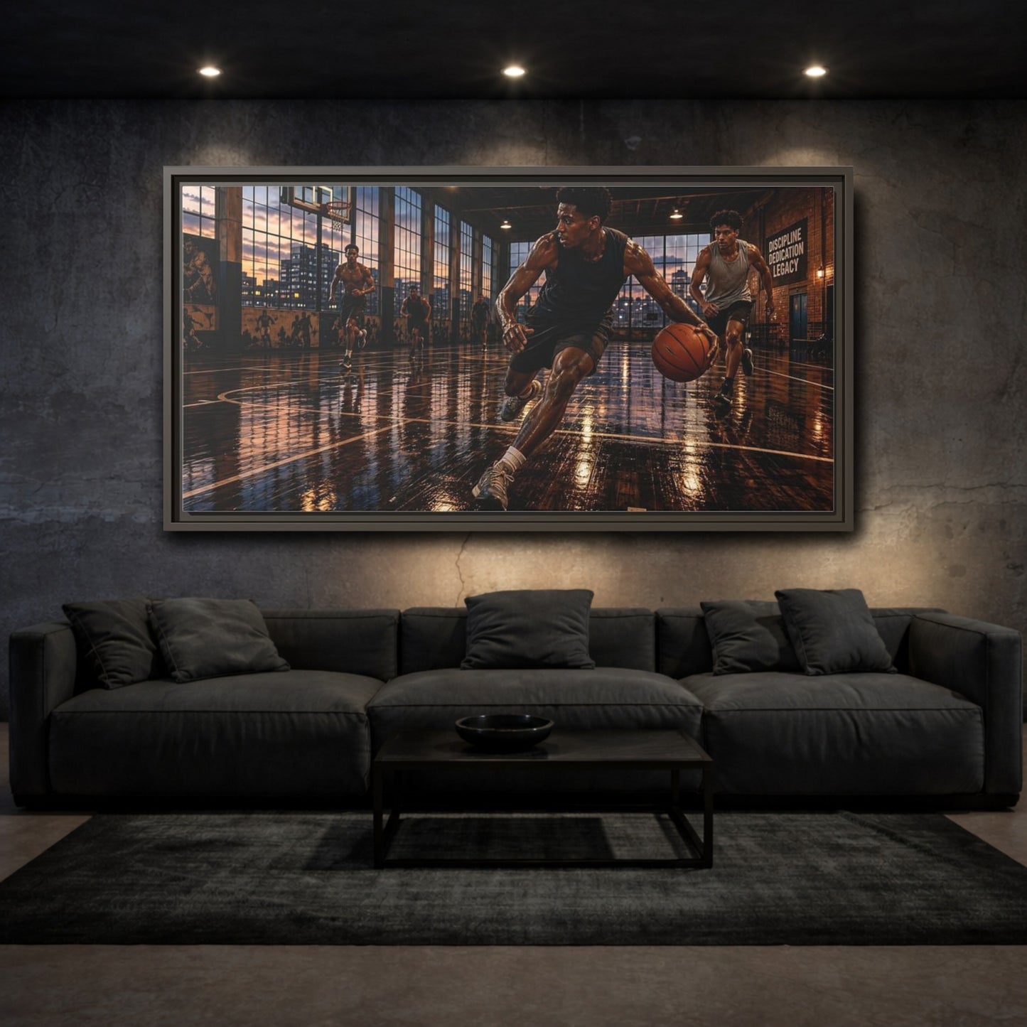 Mockup 4. Sports Basketball Players Basketball Action shown as framed canvas print