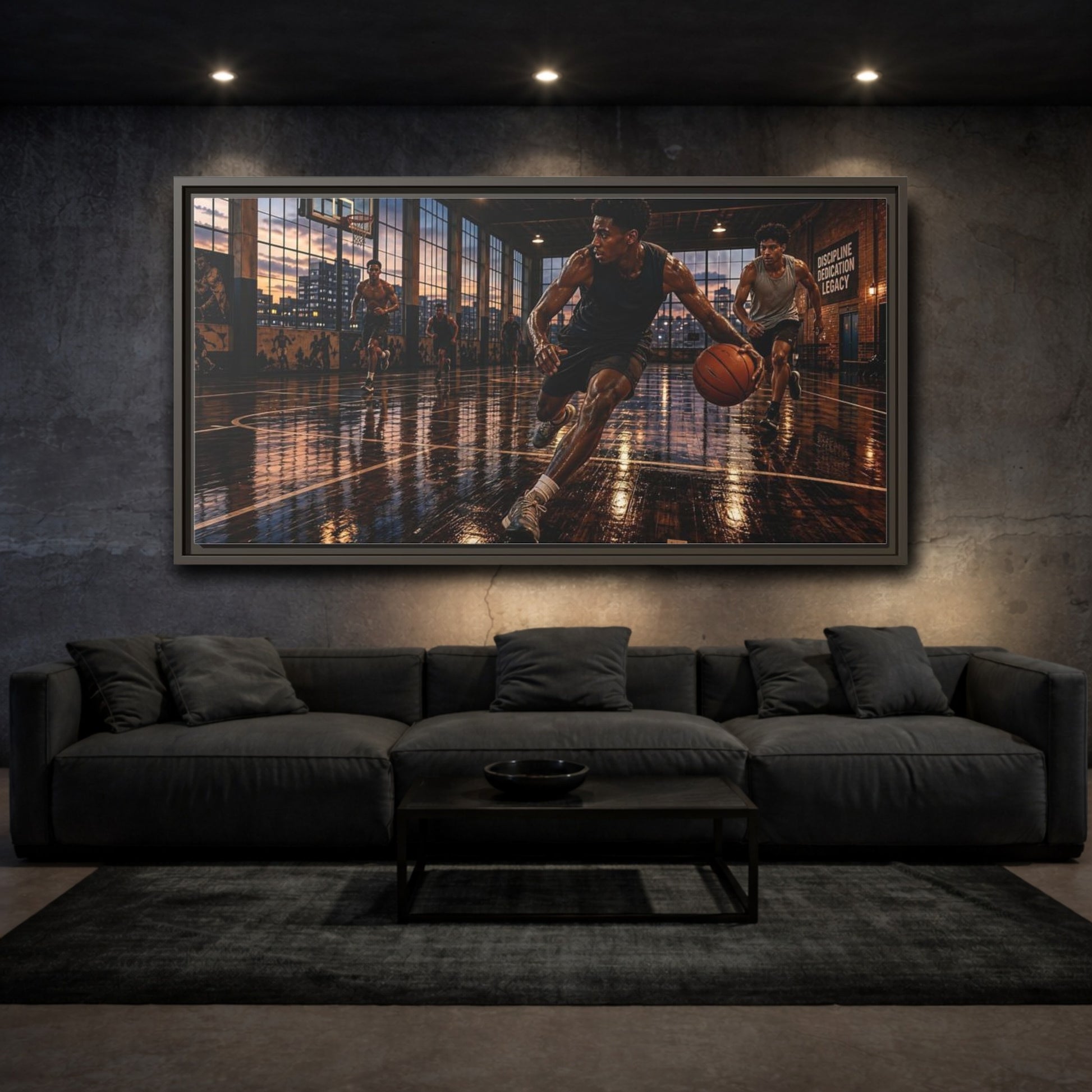 Mockup 4. Sports Basketball Players Basketball Action shown as framed canvas print