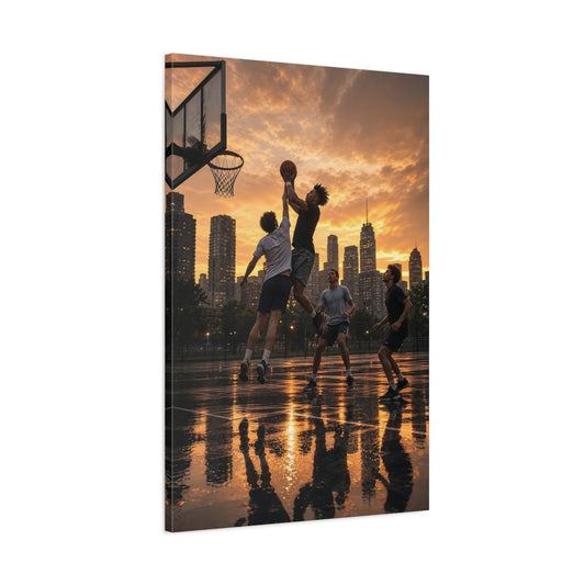 Main Mockup. Sports Basketball Players Golden Hour Basketball shown as stretched canvas wall art