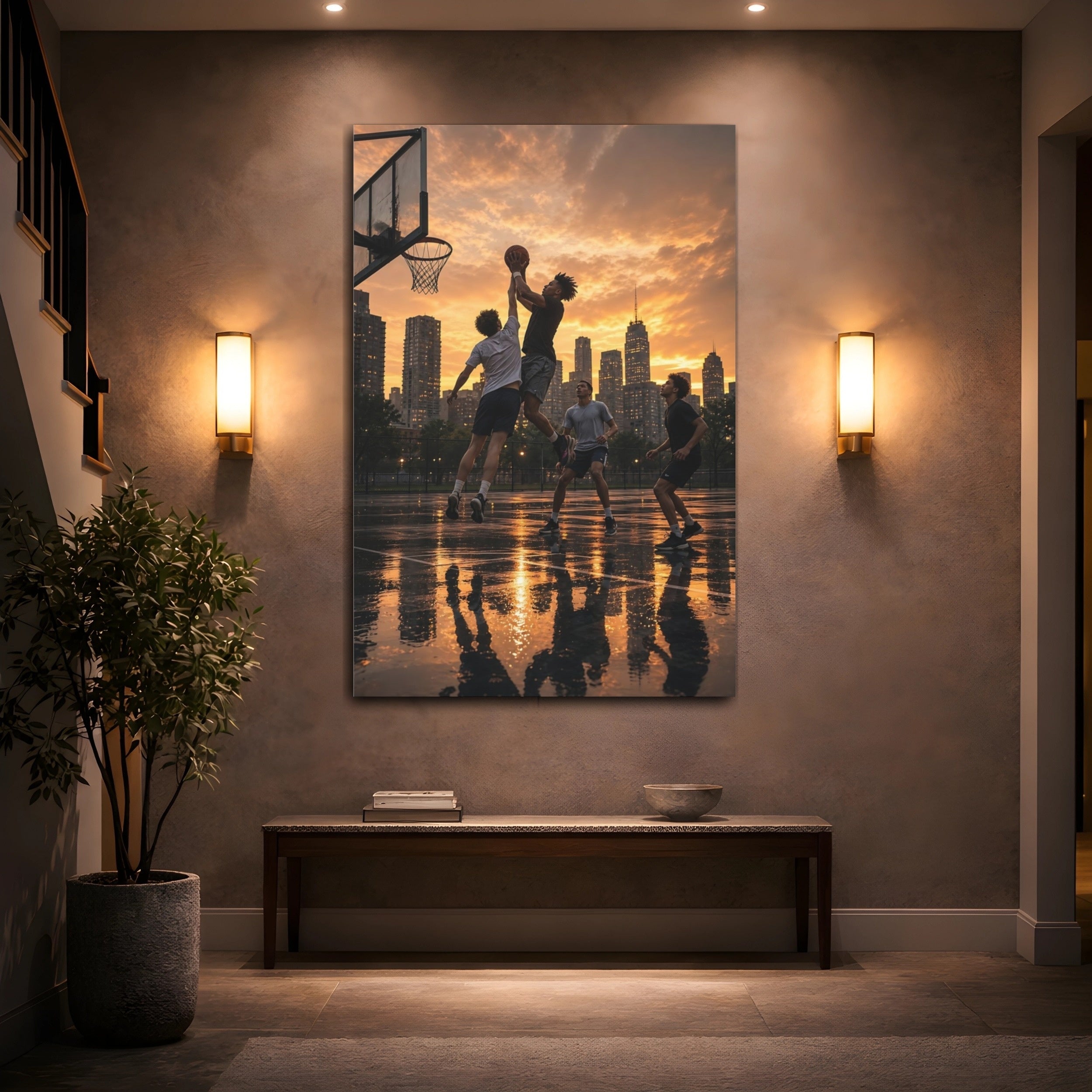 Mockup 2. Sports Basketball Players Golden Hour Basketball shown as stretched canvas wall art