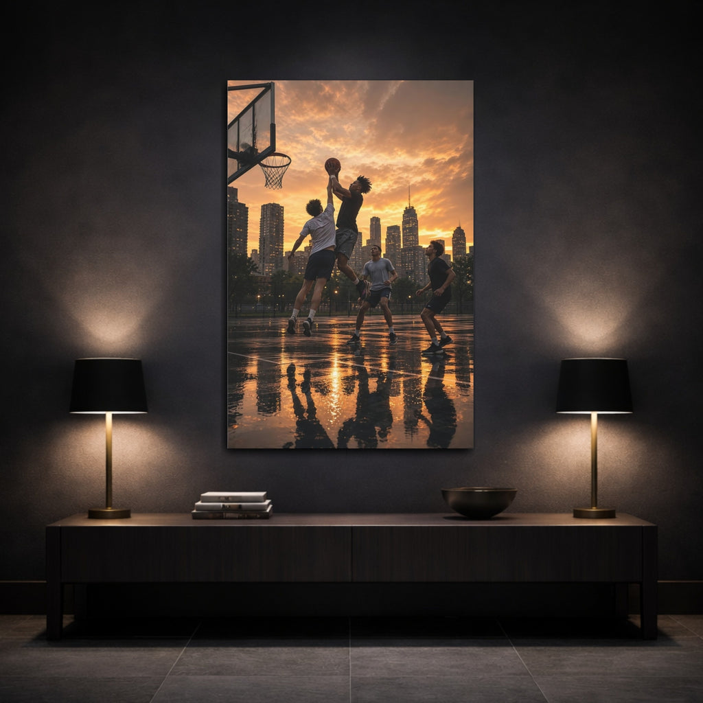 Mockup 3. Sports Basketball Players Golden Hour Basketball shown as stretched canvas wall art