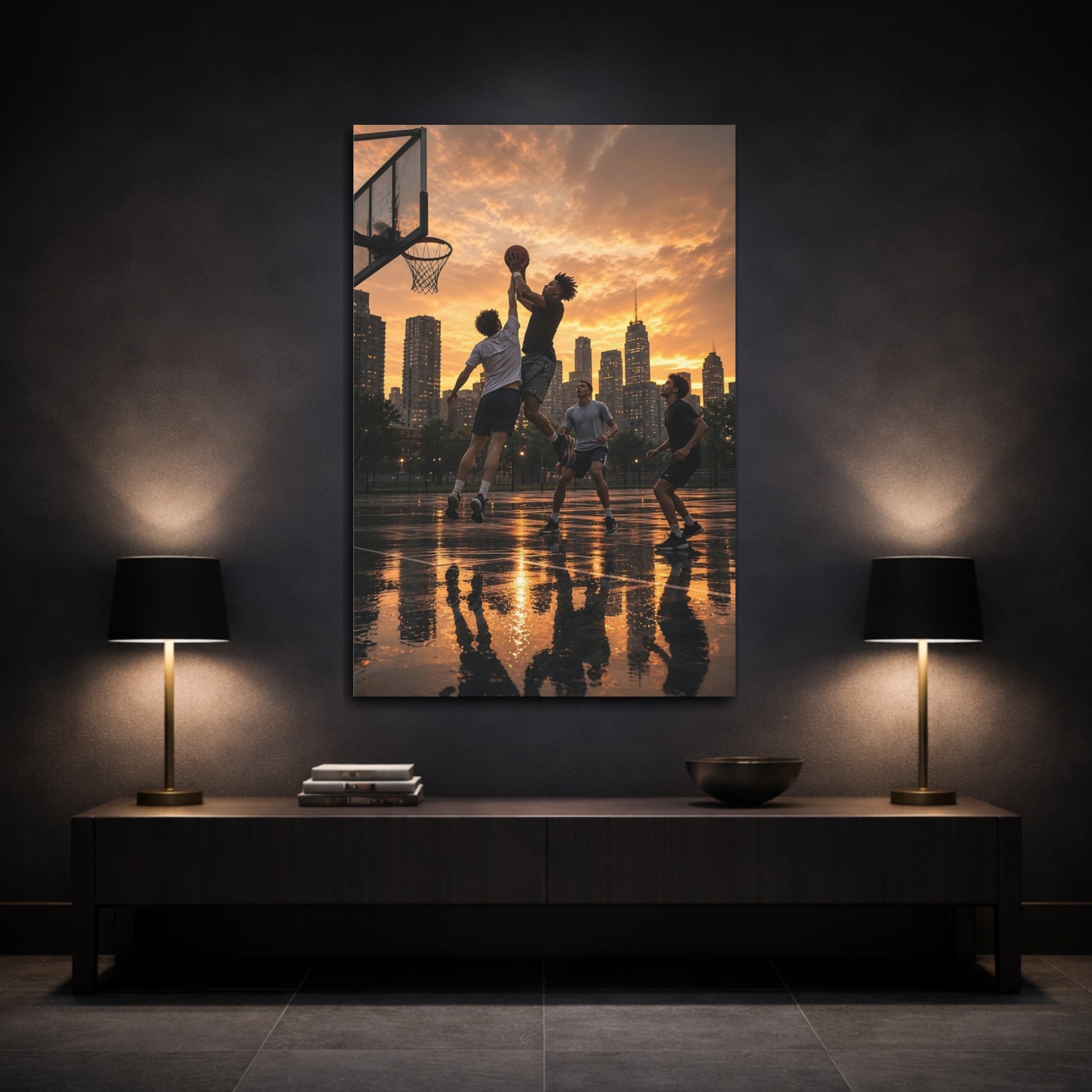 Mockup 3. Sports Basketball Players Golden Hour Basketball shown as stretched canvas wall art