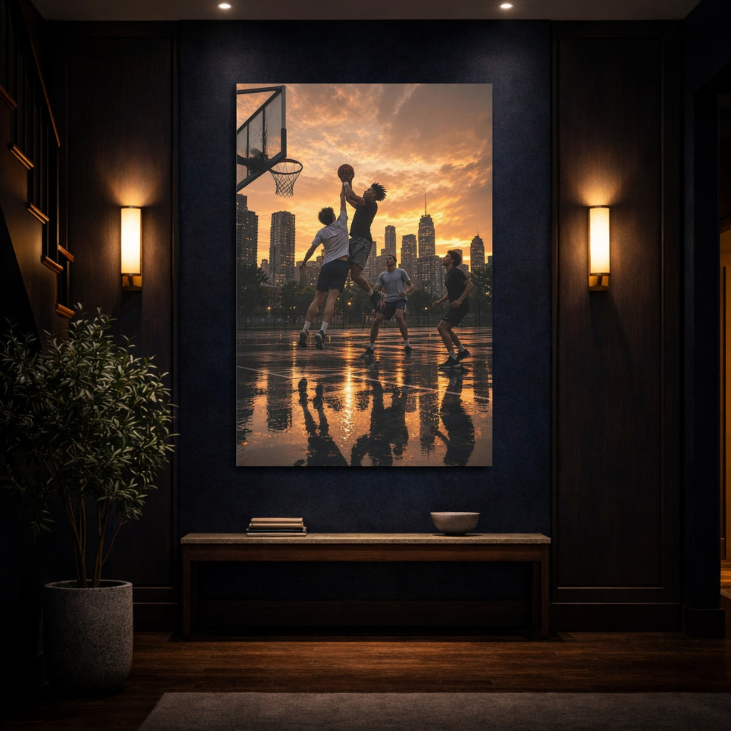 Mockup 4. Sports Basketball Players Golden Hour Basketball shown as stretched canvas wall art